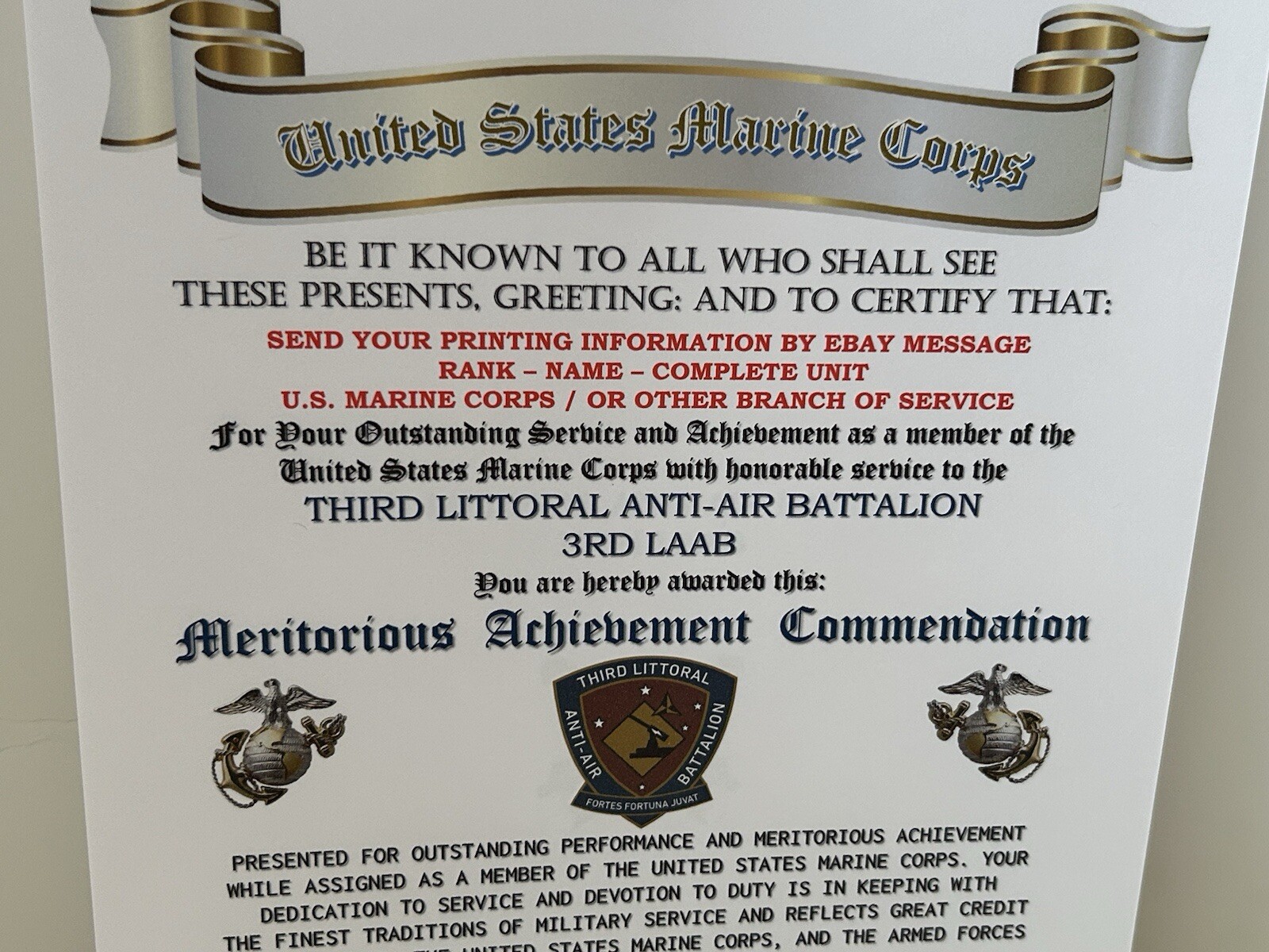 U.S.M.C. / 3RD LITTORAL A.A. BATTALION / MERITORIOUS ACHIEVEMENT COMMENDATION