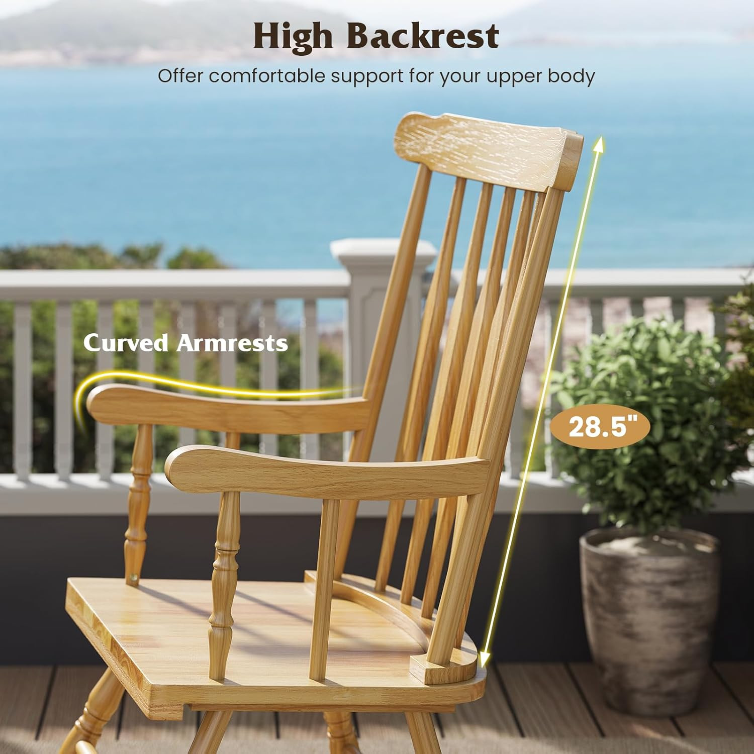 Outdoor Wood Rocking Chair - Patio Rocking Chair with Solid Rubber Wood Frame, S