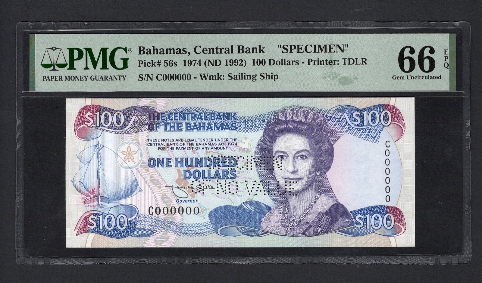 Bahamas 100 Dollars 1974 (ND 1992) P56s "Specimen" Uncirculated Grade 66