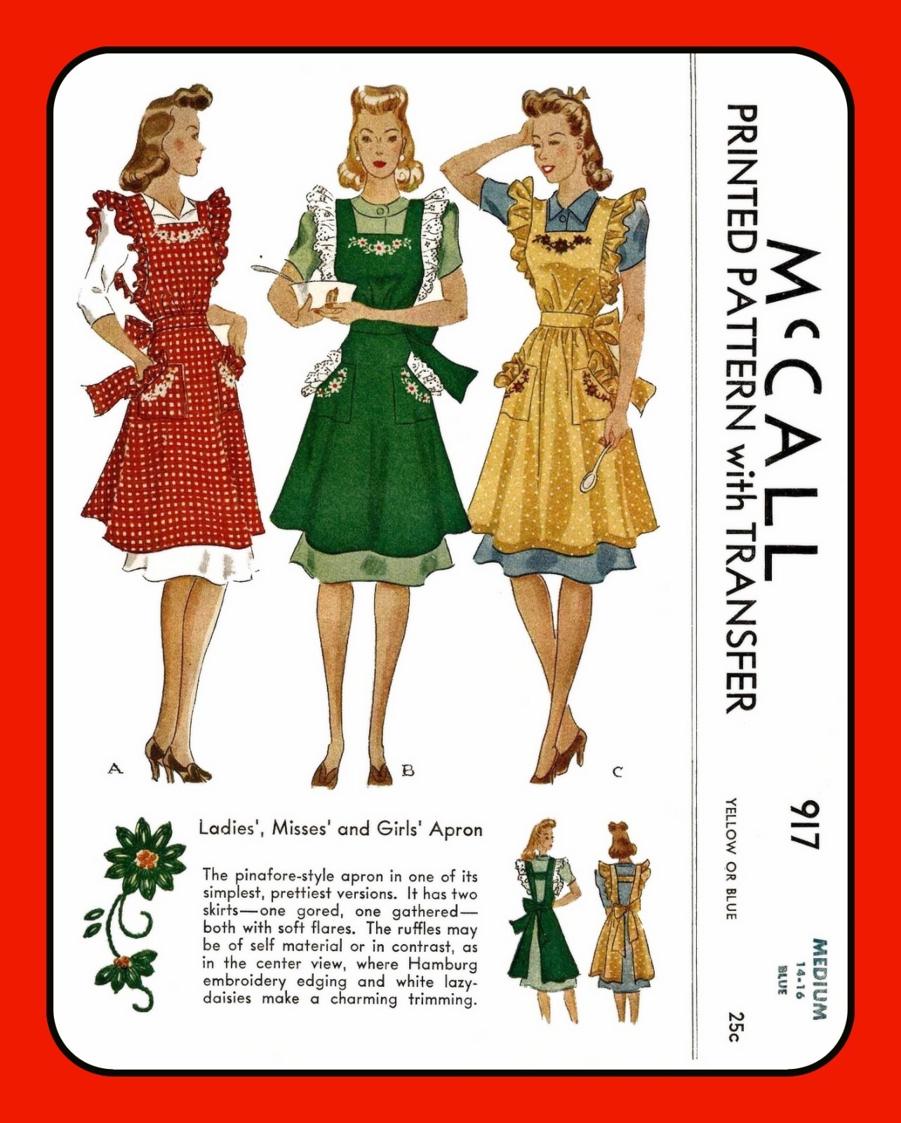 Misses APRON Pattern PINAFORE or Bib EMBROIDERED McCall 917 Vtg 1941 SM or Med