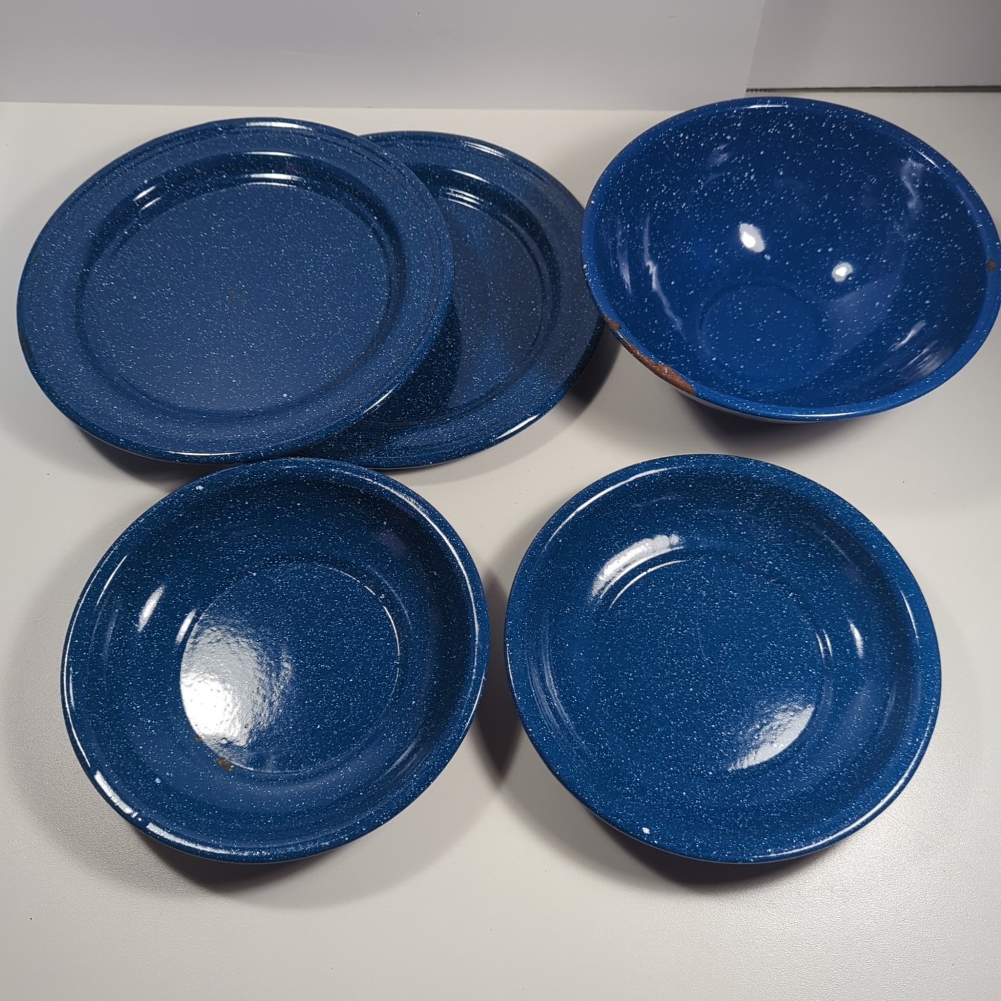 5 Enamelware Blue White Speckled Dots Camping Mixing Bowl Shallow Bowl Plates