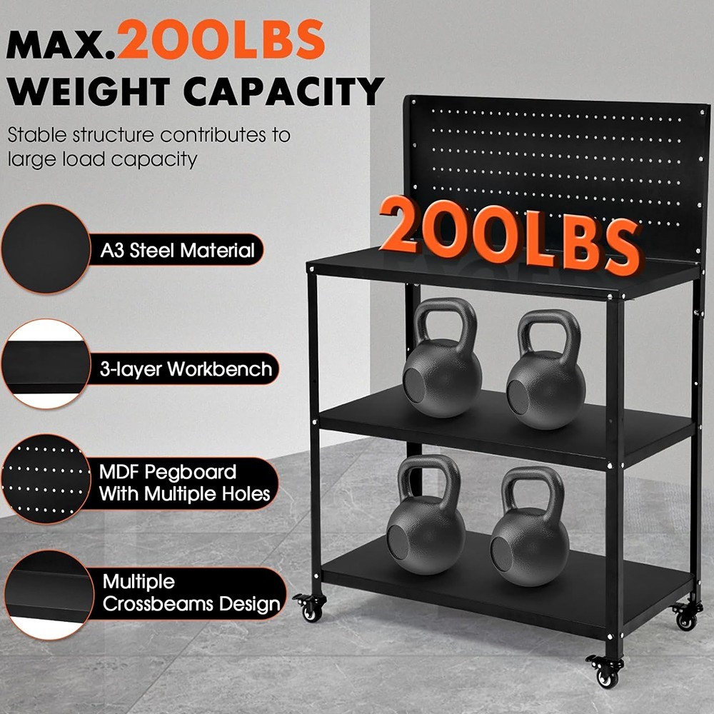 3-TIER HEAVY DUTY WORKBENCH WITH PEGBOARD LOCKABLE WHEELS FOR GARAGE WORKSHOP
