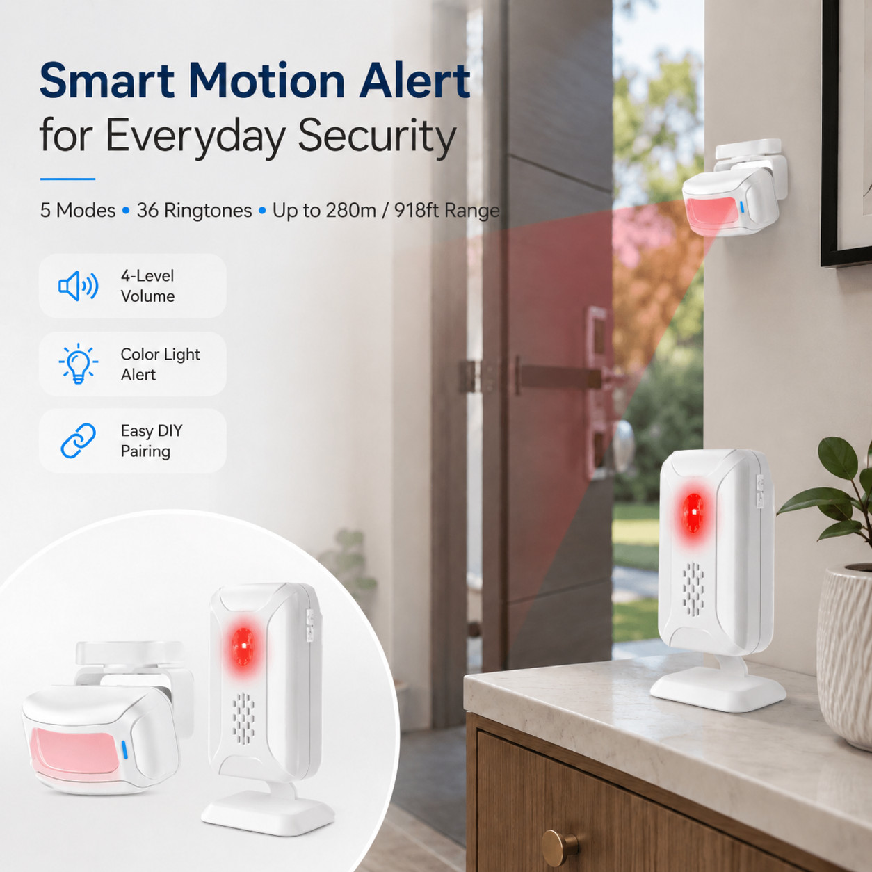 Wireless Motion Sensor Doorbell Indoor Alarm 7-26ft Detection Range 36 Ringtones
