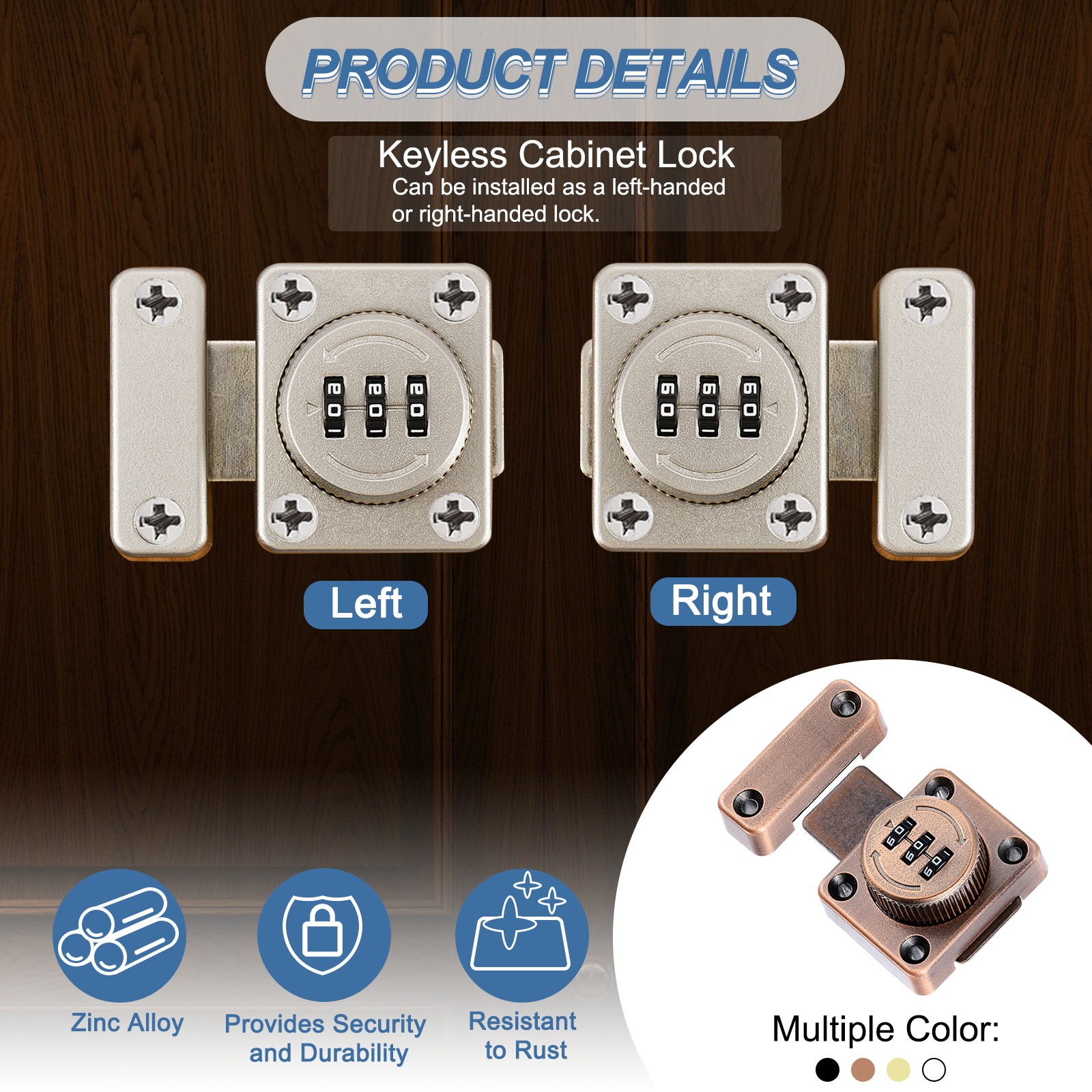 Combination Cabinet Latch, 3-Digit Password Cabinet Lock, Copper