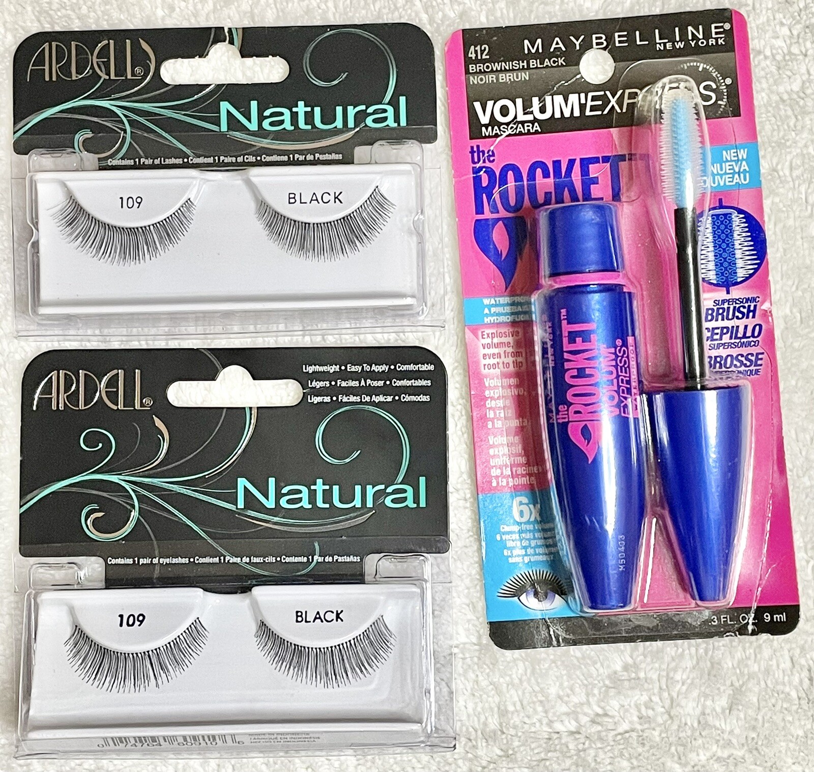 NEW! Ardell Natural False Black Eye Lashes #109 Black With Maybelliner LOT OF 3
