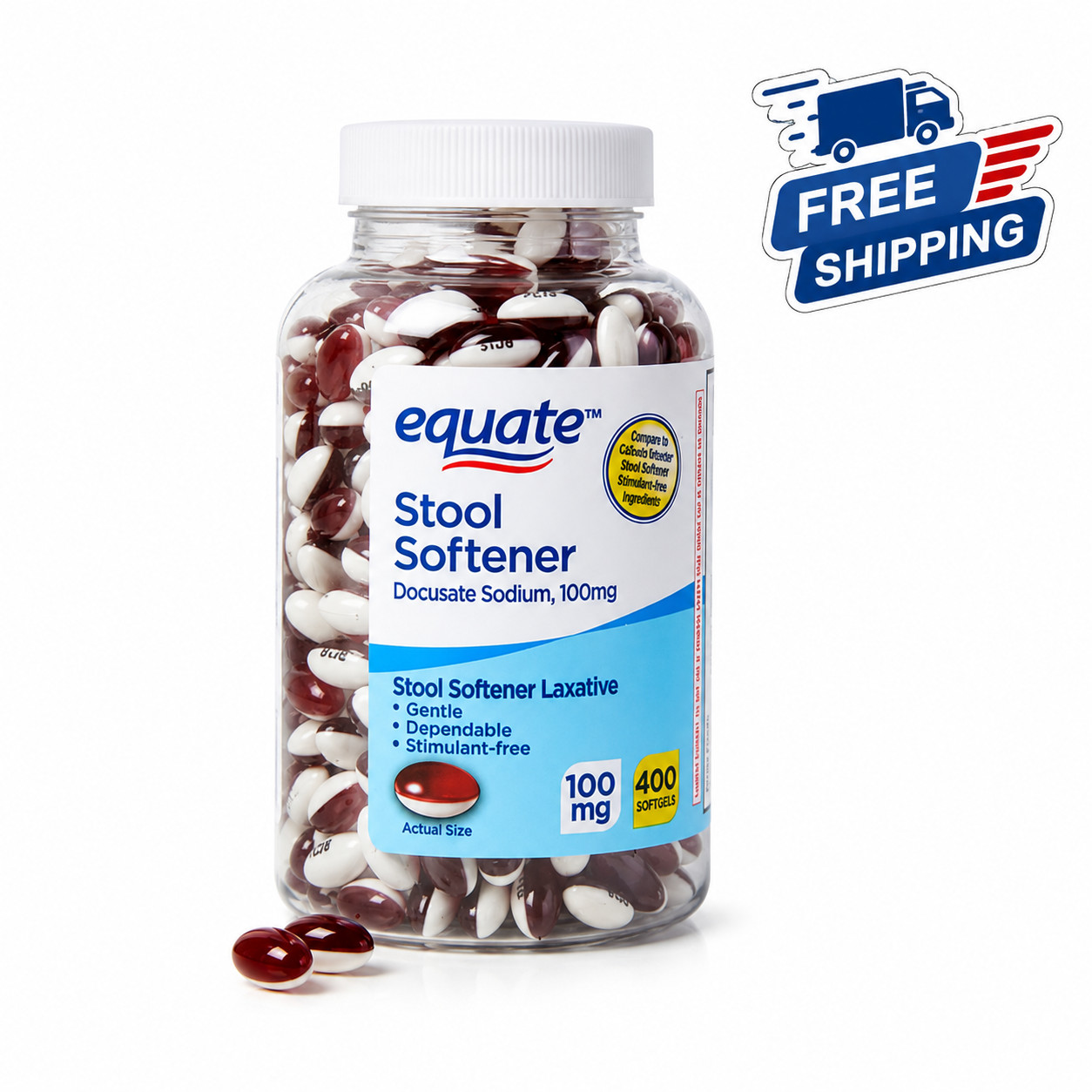 Equate Stool Softener Laxative Softgels for Constipation, 100 mg, 400 Count