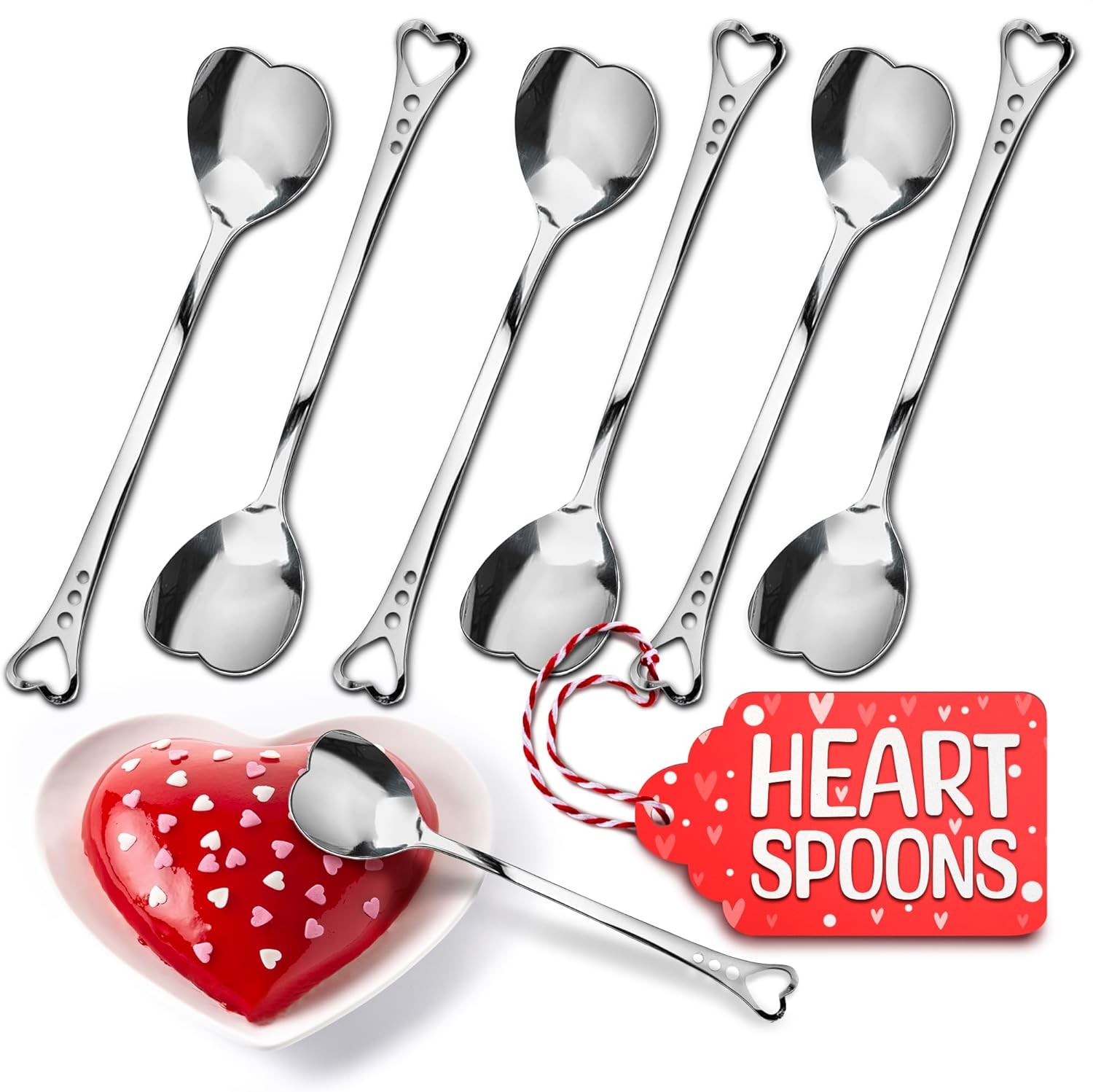 Heart Shaped Spoons Set of 6 Stainless Steel Spoons for Cocoa Tea Cocktail