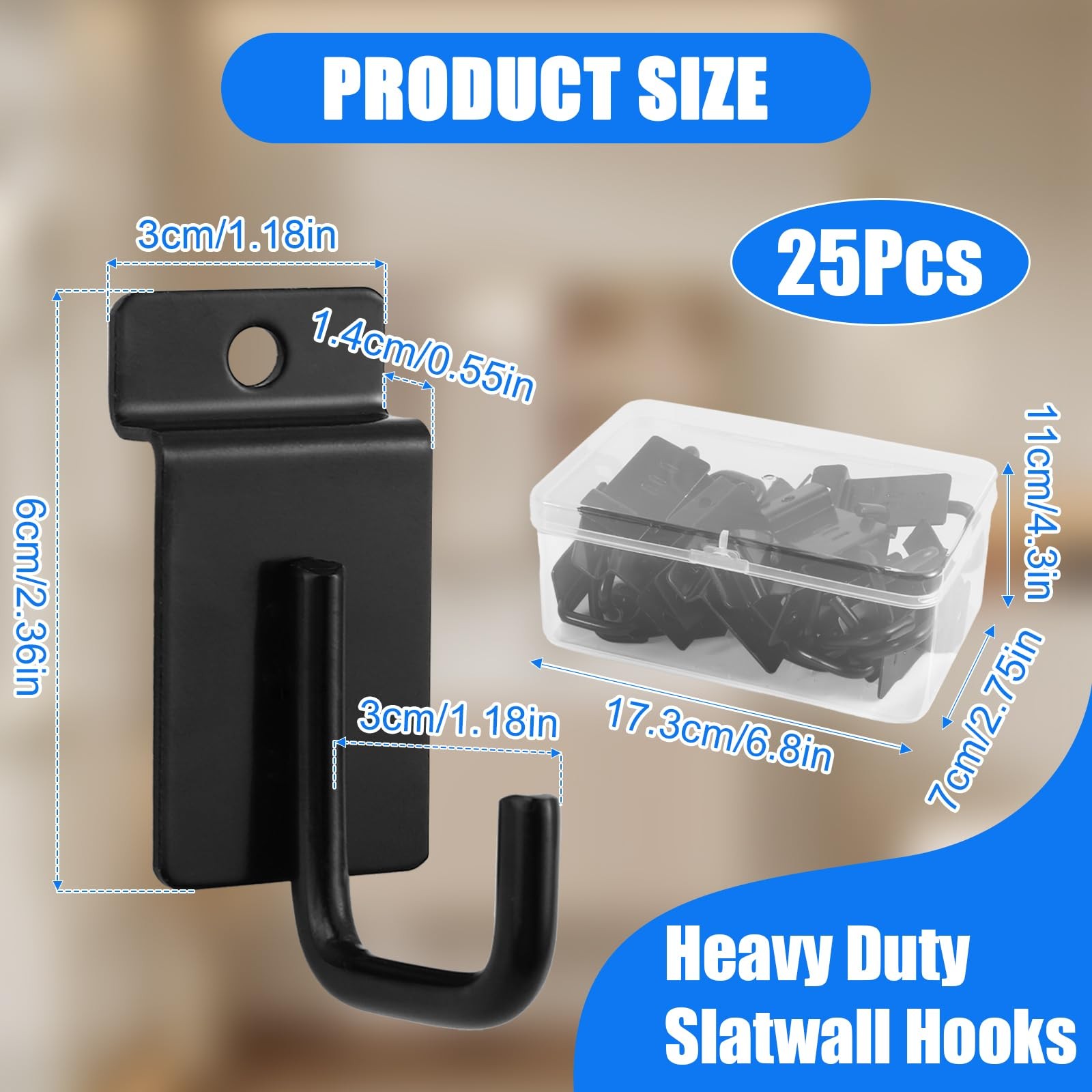 25 Pack J Shaped Slatwall Hooks, Gridwall Display Hooks, Black