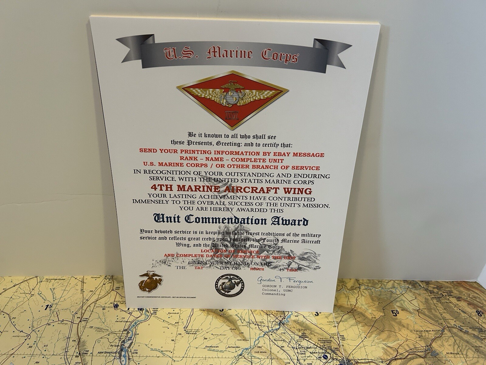 U.S.M.C. / 4TH MARINE AIRCRAFT WING - UNIT COMMENDATION AWARD CERTIFICATE