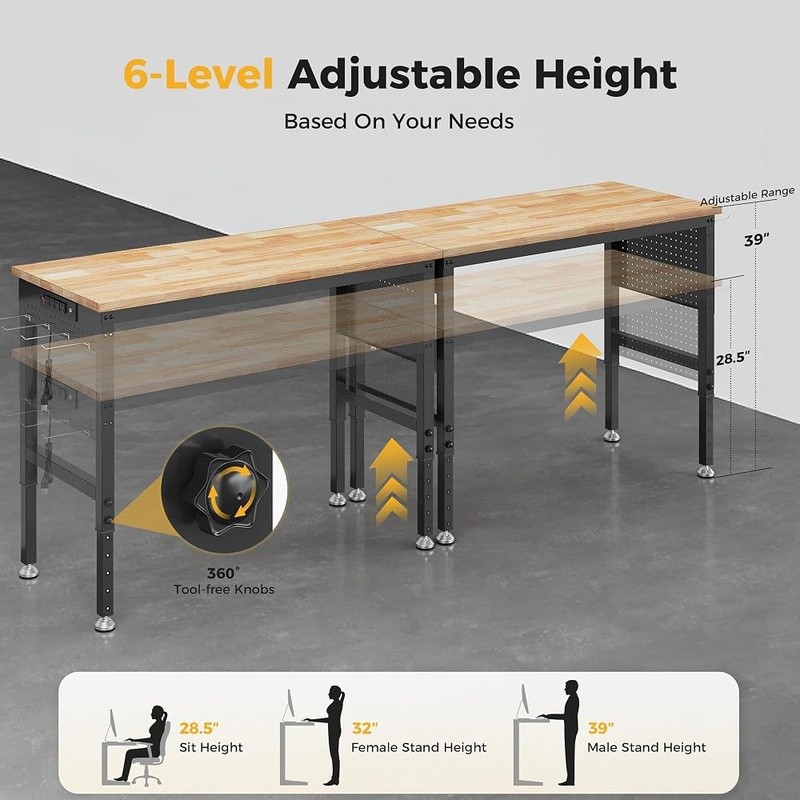 Adjustable Workbench W/ Power Strip Pegboard Hooks Heavy Duty 2000lb Capacity US