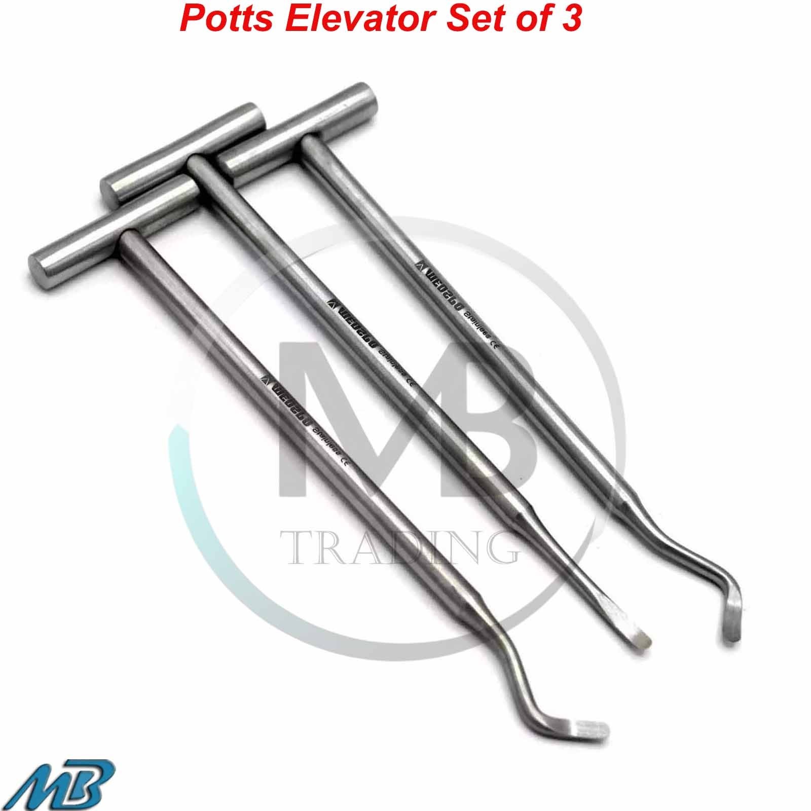 Set of 3 Dental Potts Elevators Surgical Tooth Extraction Surgery Instruments