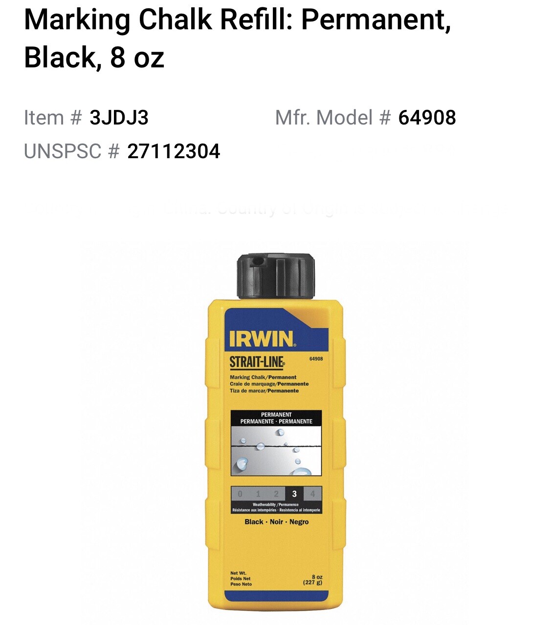 IRWIN 64908 PERMANENT MARKING CHALK 8OZ - BLACK  Qty-1  Free Same Day Shipping!