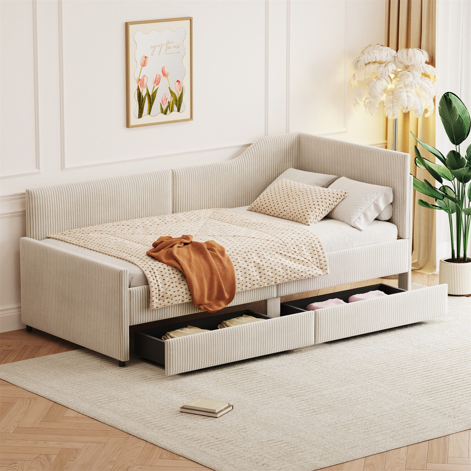 Twin Size Daybed Upholstered Bed Frame Sofa Bed w/ 2 Drawers Beige/Pink/Blue US