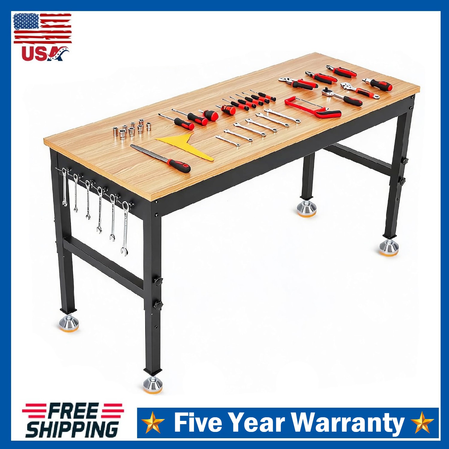 48" Workbench Adjustable Height Work Table Garage ,2500LBS Load Rubber Wood Top