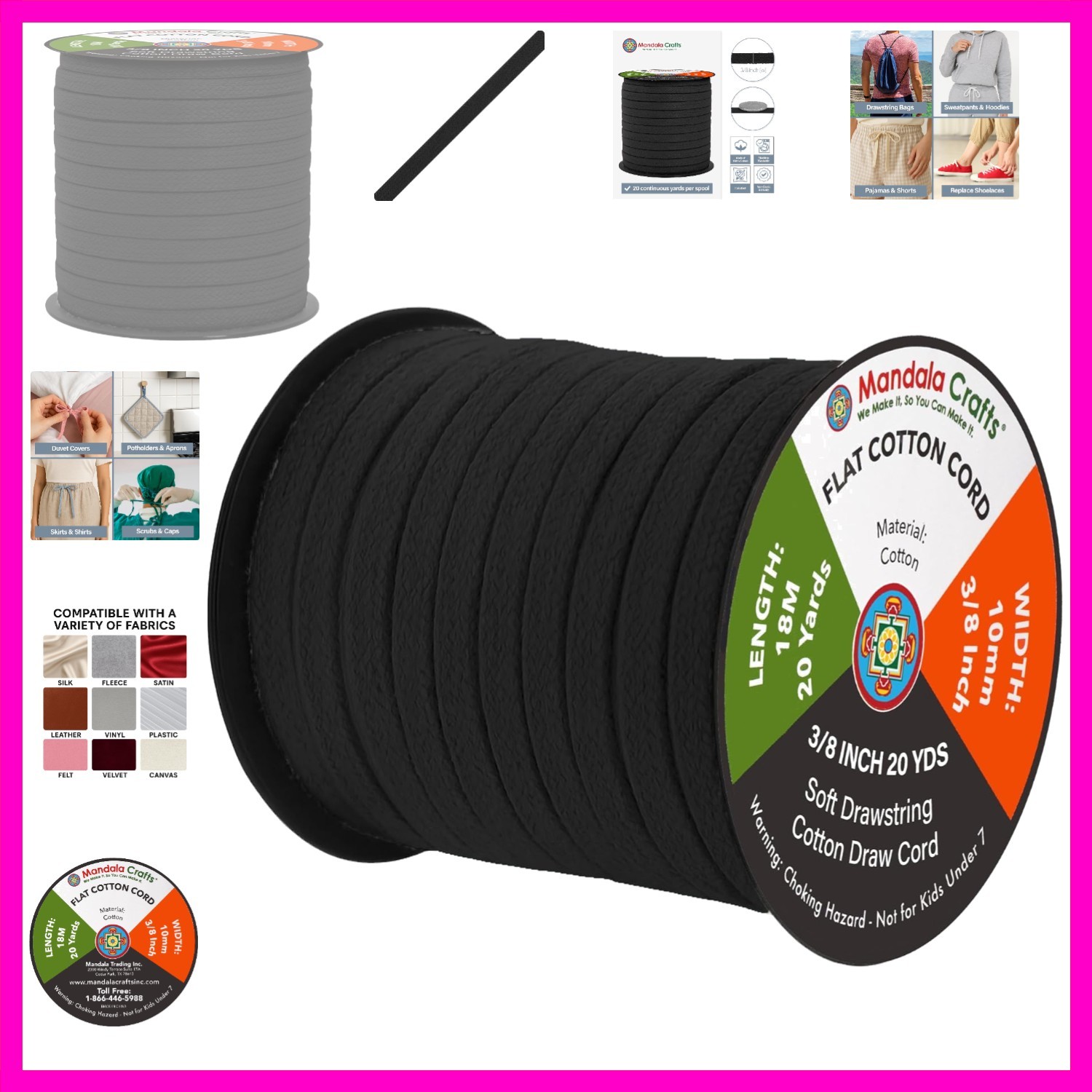 Black Flat Drawstring Cord Replacement, 3/8 Inch 20 YDs Black Soft Drawstring...