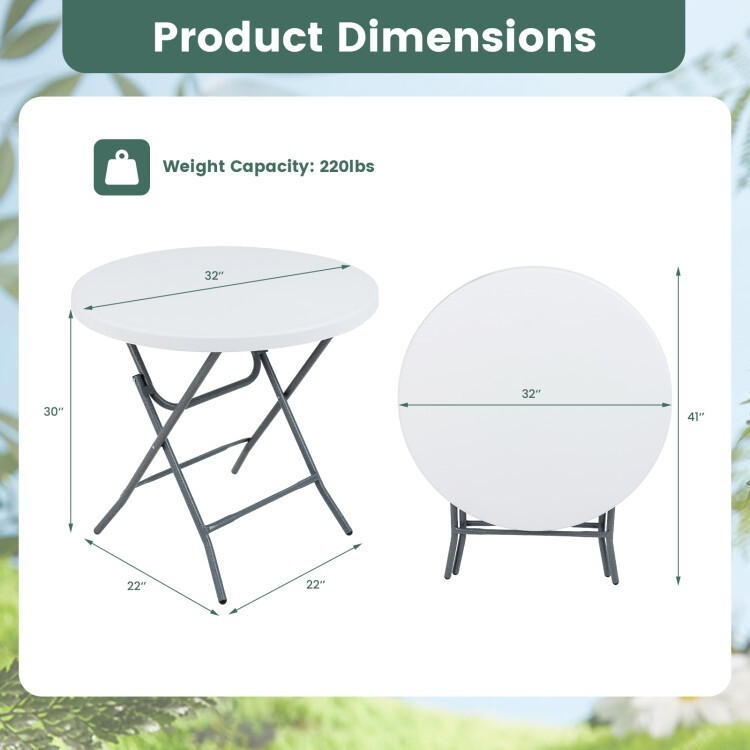 32" Outdoor Folding Portable Round Dining Table Picnic Table w/Thick Table Top