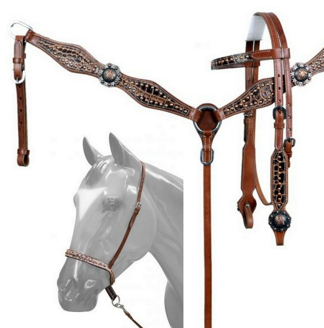 Western Horse Gator Print Leather Tack Set Headstall BC + Nose Band w/ Tie Down