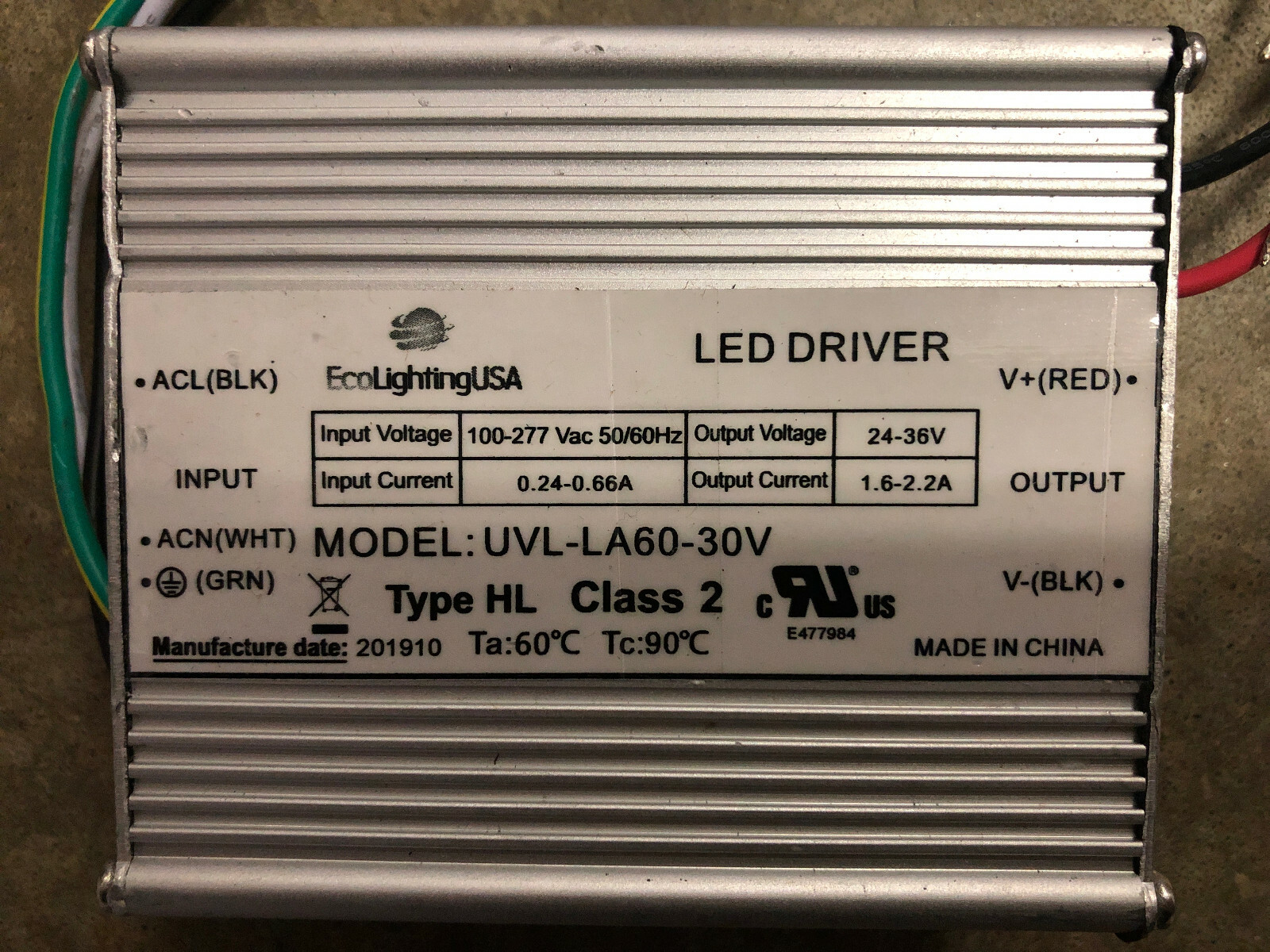 EcoLightingUSA LED Driver Model: UVL-LA60-30V Type HL Class 2