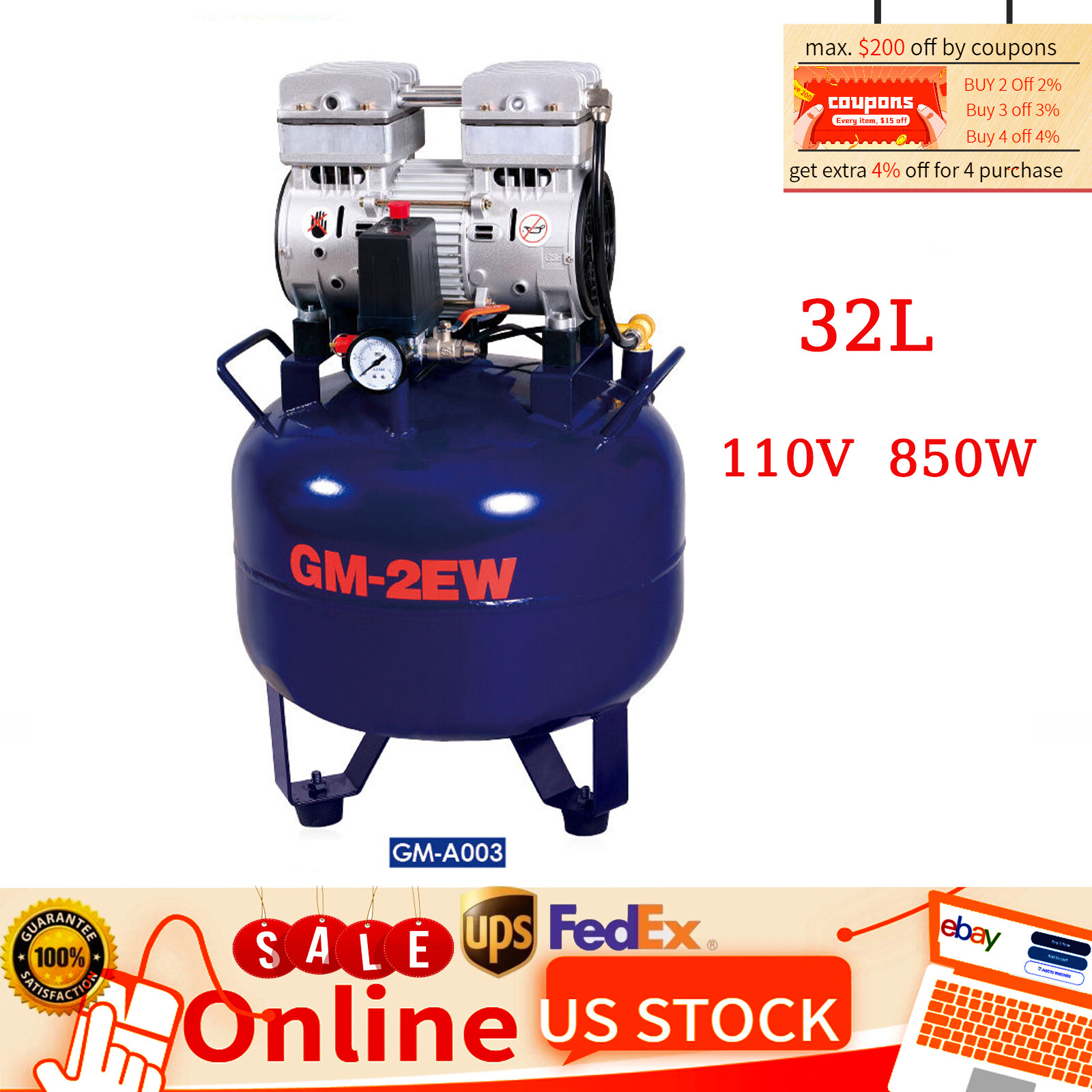 110V 850W Portable Dental Medical Air Compressor Oil Free Tank Noiseless New TOP