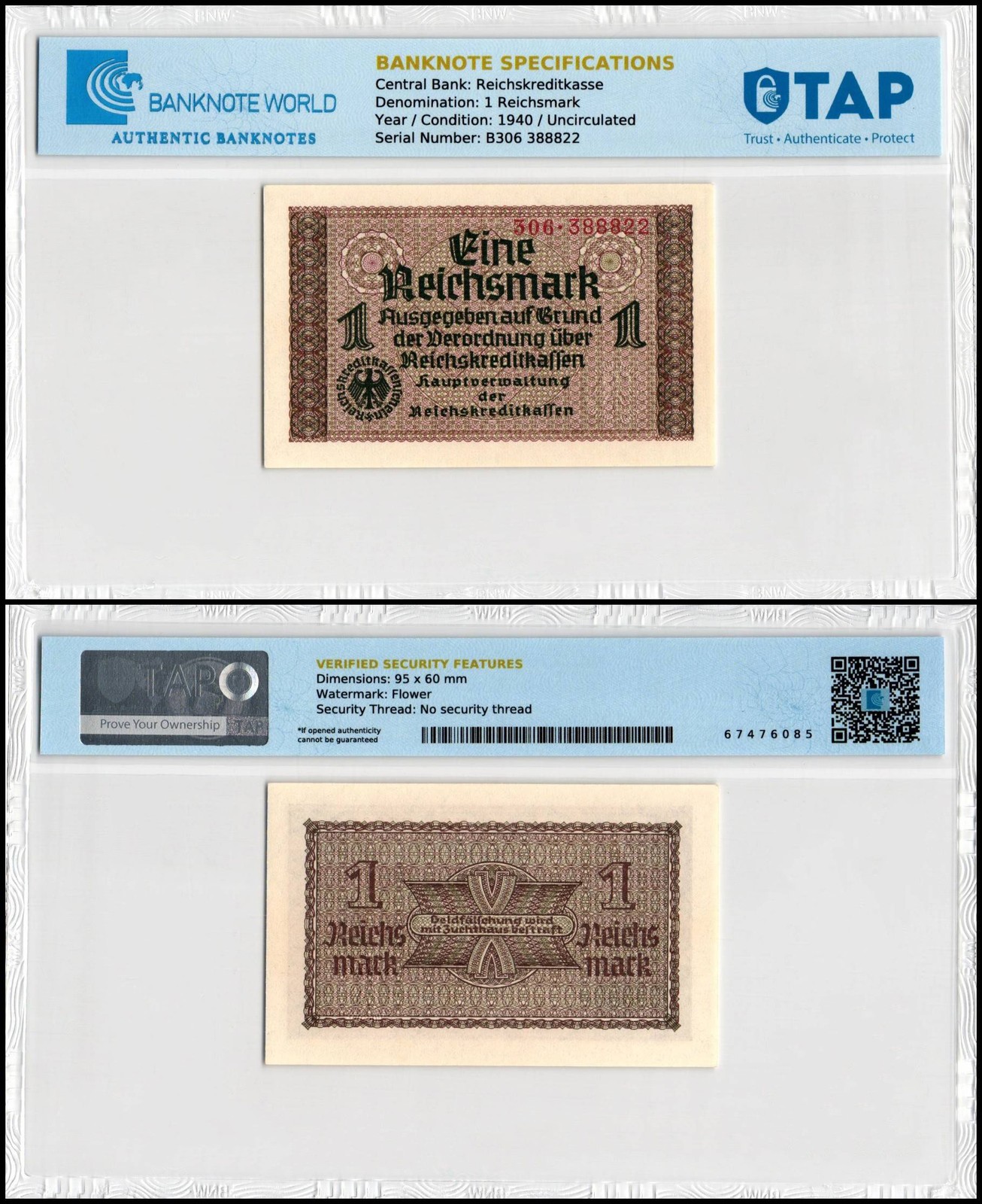 Germany 1 Reichsmark, 1940-1945 ND, P-R136a, UNC, TAP Authenticated