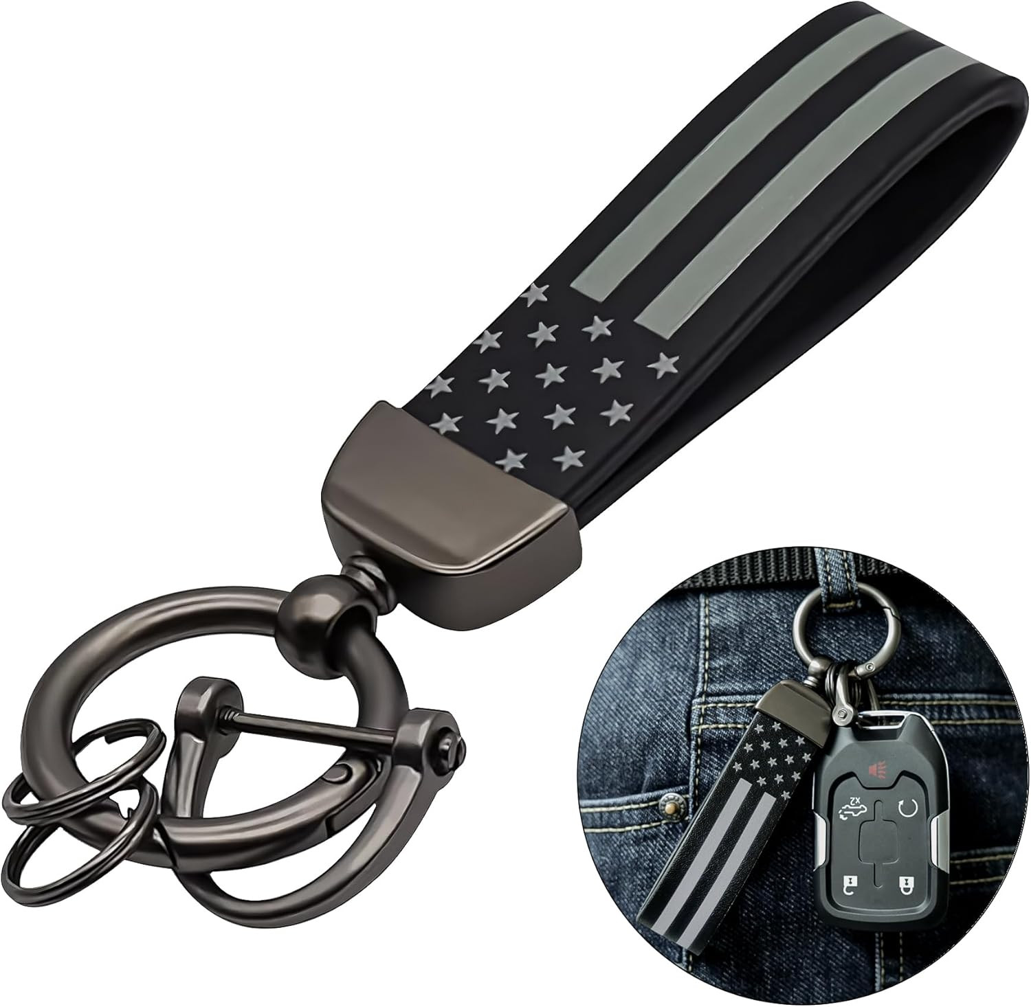Leather Car Key Chain: American USA Flag Car Keychain with Zinc Alloy  Carabiner