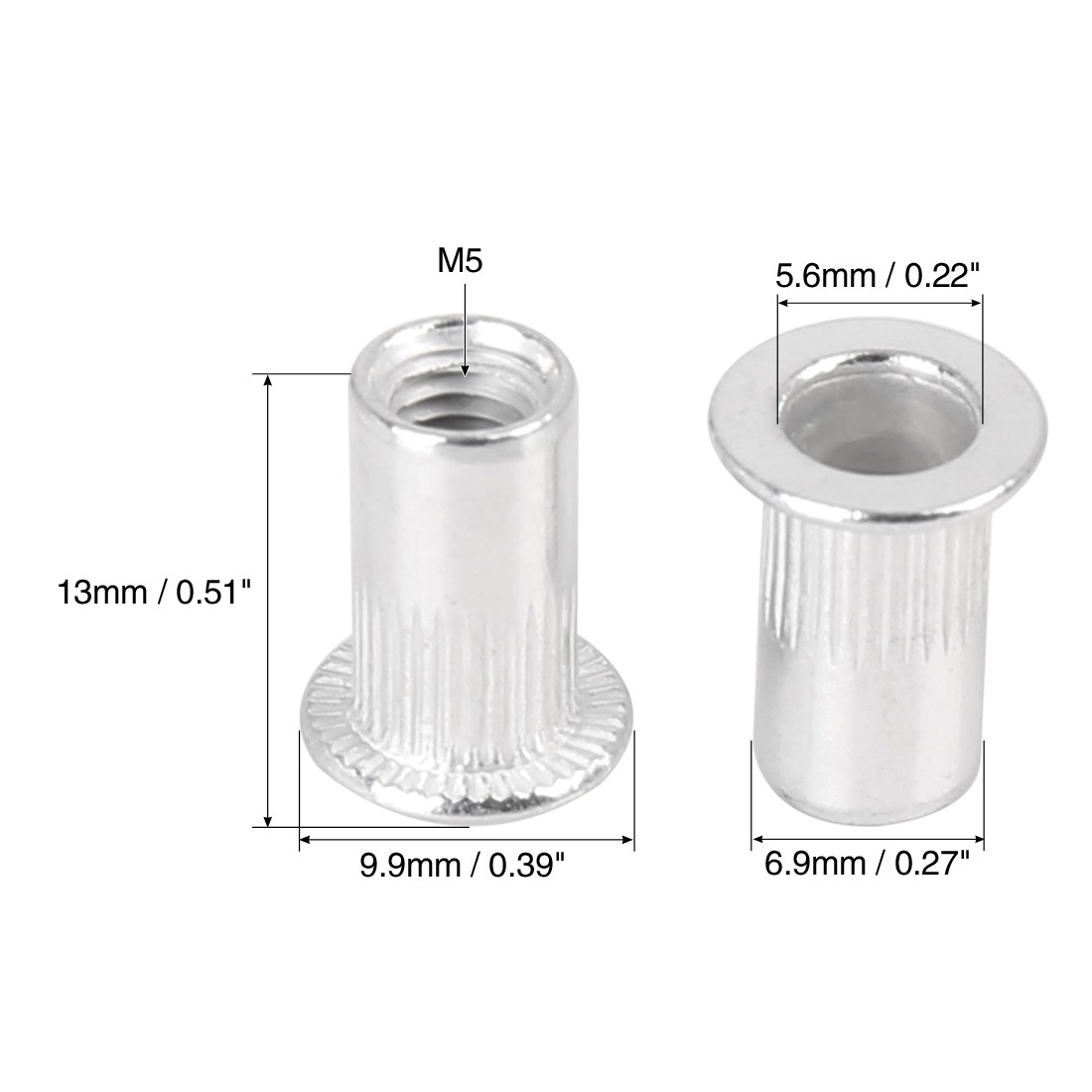 110 Pcs M5 Silver Tone Aluminum Alloy Car Flat Head Rivet Nut Threaded Insert