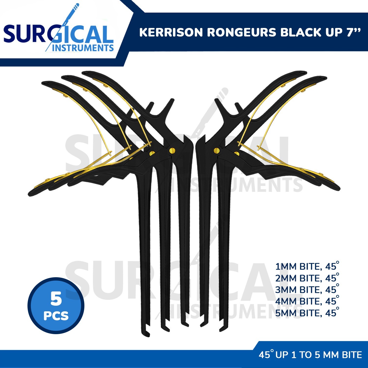 5 Pcs Kerrison Rongeurs 7" Black 45 Degree Up Cervical Orthopedic German Grade