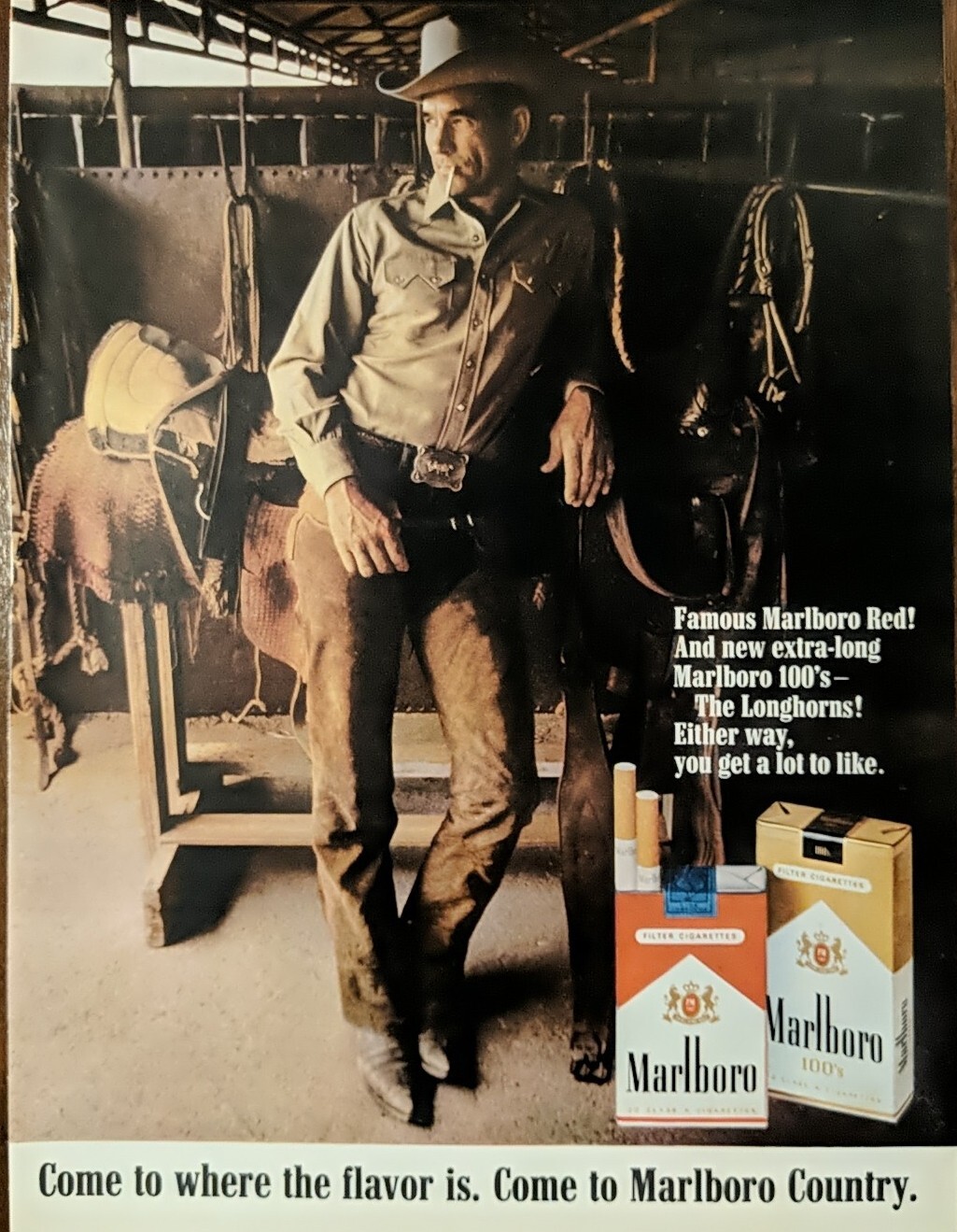 1967 vintage Marlboro cigarettes print ad. Cowboy And Horse Saddle