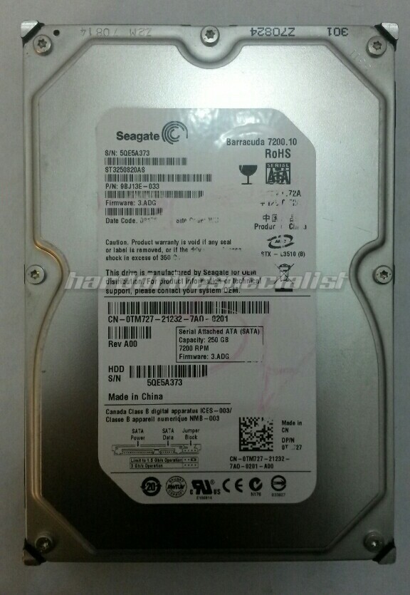 Seagate ST3250820AS 250GB 7200RPM SATA P/N:9BJ13E-033 F/W:3.ADG Site:WU