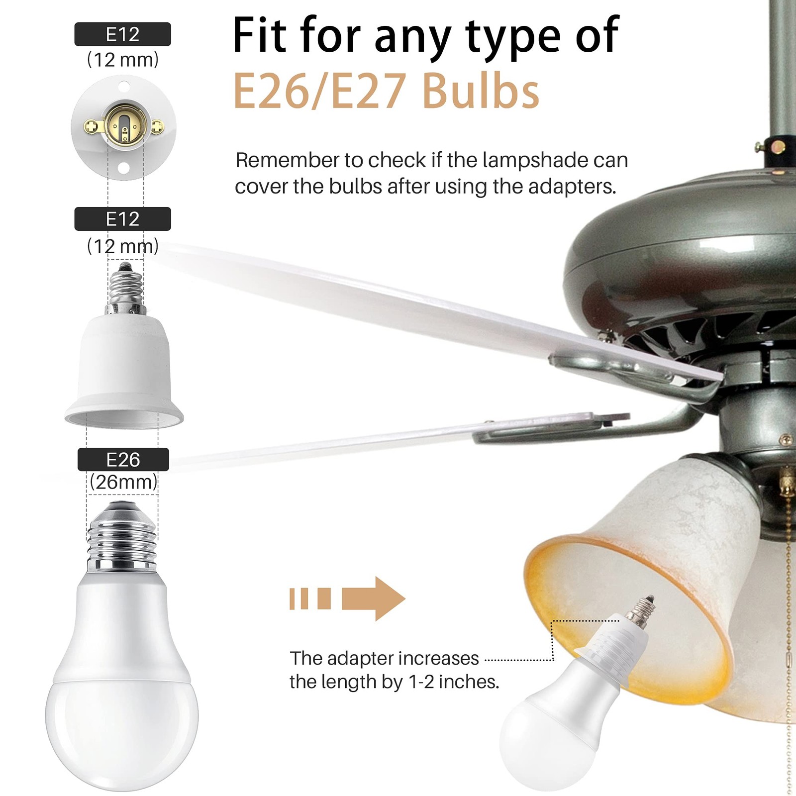 JACKYLED 5-Pack E12 to E26 Adapter, Chandelier Light Socket, 5 Pack, White
