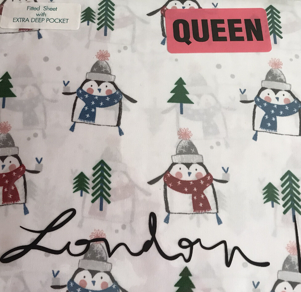 London Kaye Microfiber QUEEN Sheet Set 4 Piece Set Winter Penguins New
