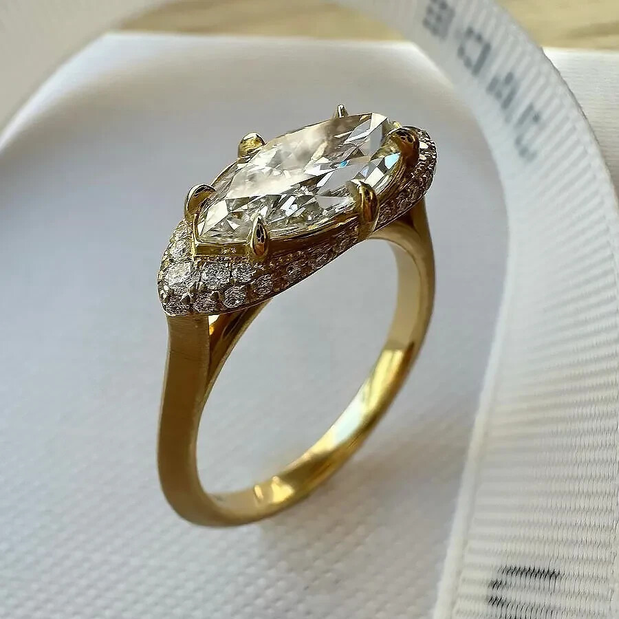 14K Yellow Gold Plated 1.00Ctw Marquise Cut Real Moissanite Women's Wedding Ring