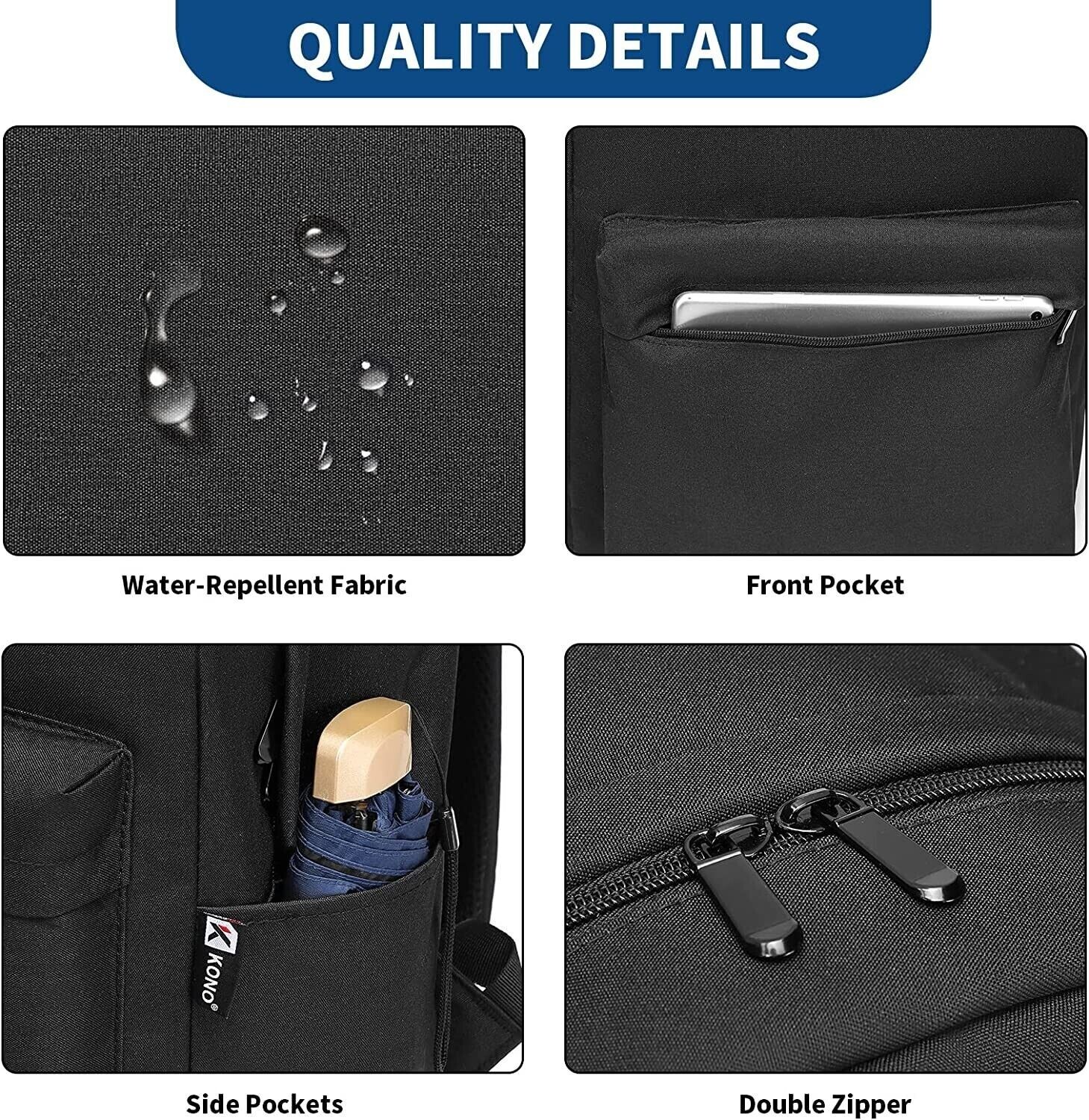 KONO School Backpack College Rucksack Lightweight Bag Black