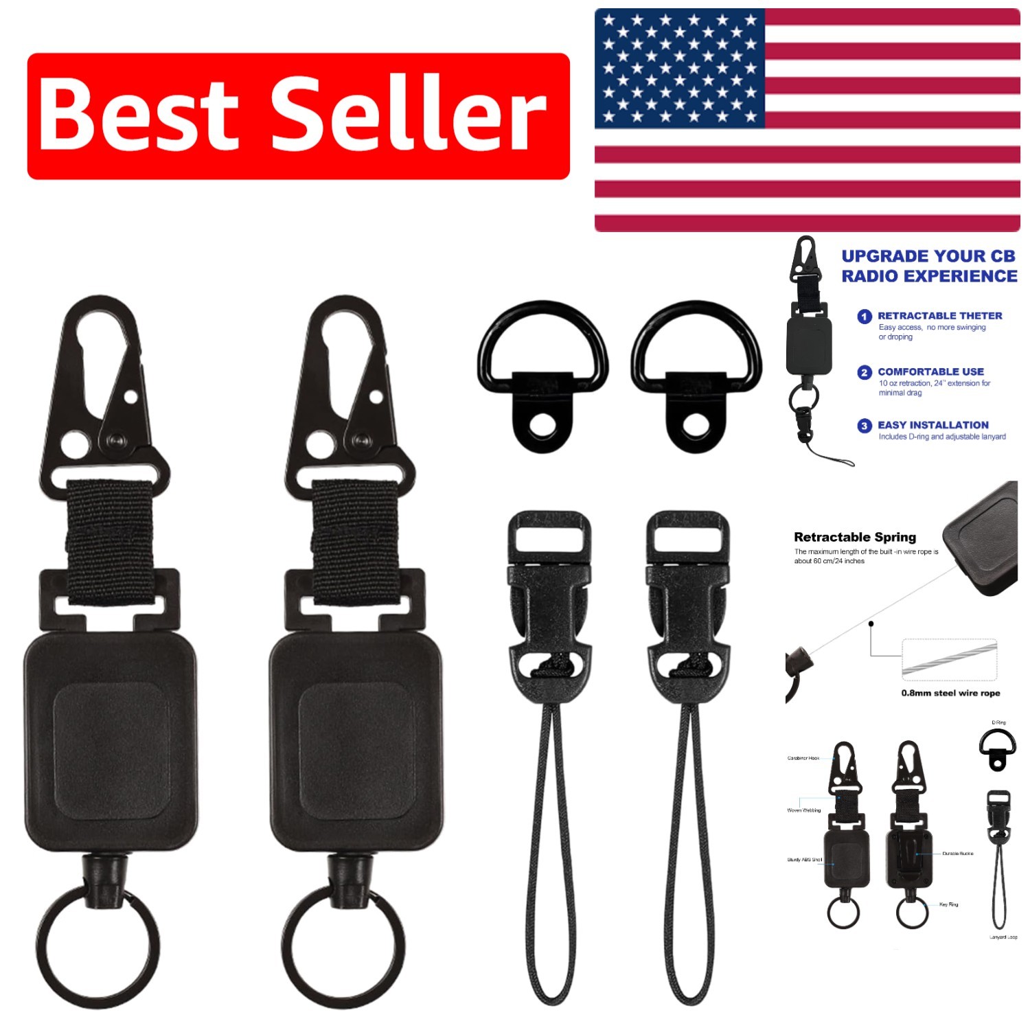 Effortless Installation! CB Mic Retractable Holder with 24" Steel Tether, 2 Pack