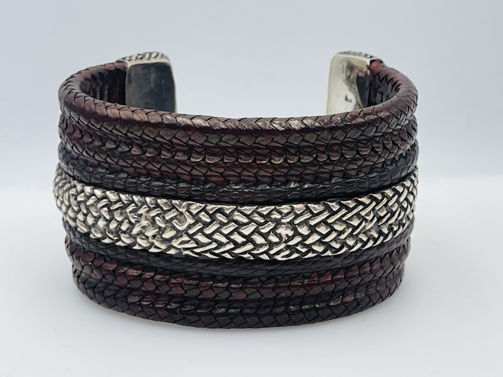 Lou Guerin Sterling Silver & Braided Brown Leather Wide Cuff Bracelet