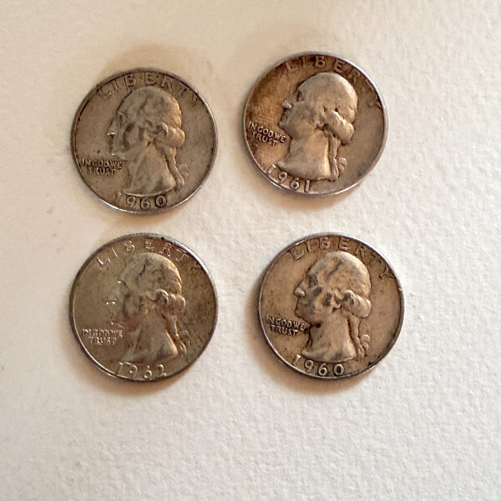 4 Washington Quarters  1960 - 62   Silver Coins, Circulated