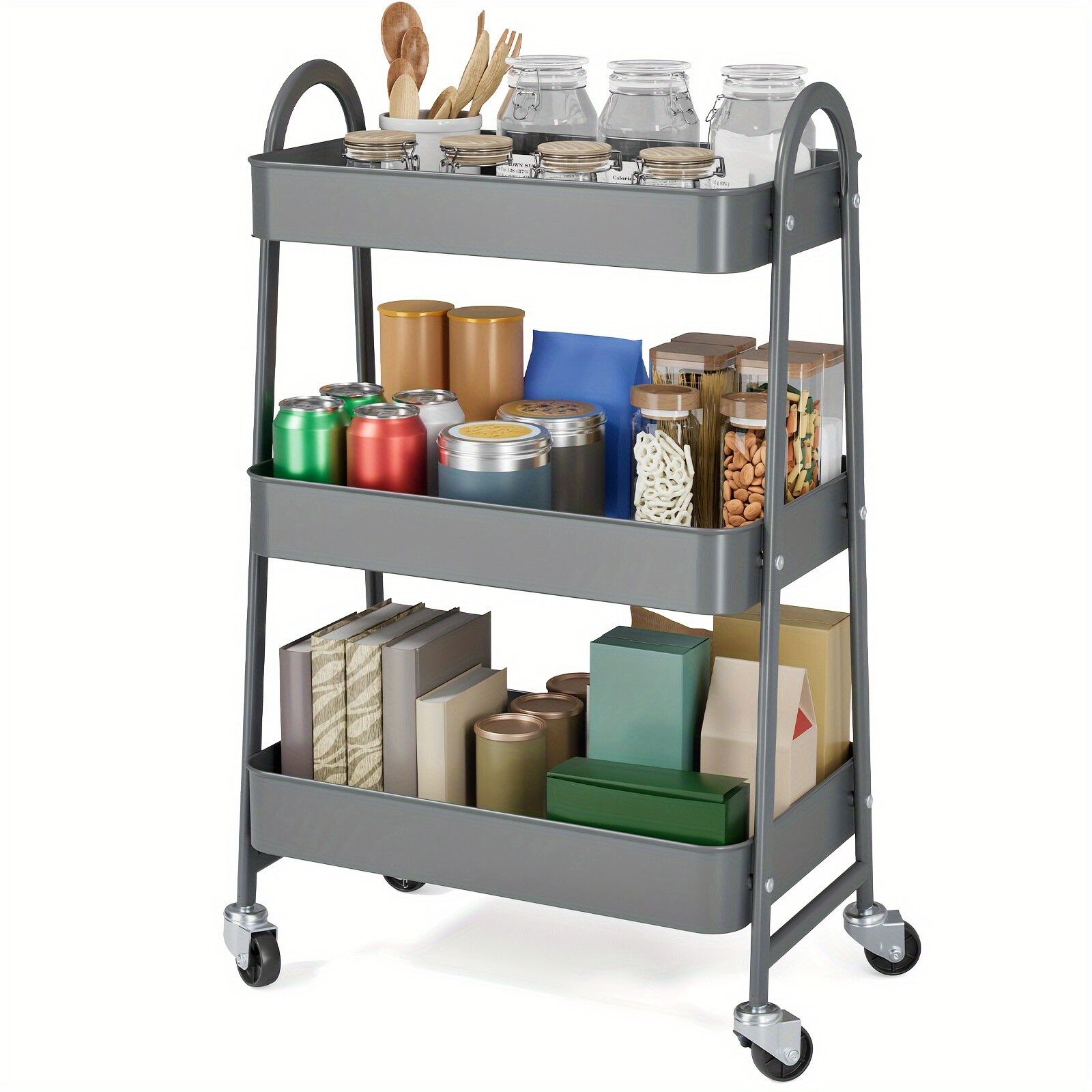 3-Tier Rolling Kitchen Cart, Metal Frame with Plastic Wheels, Space-Saving