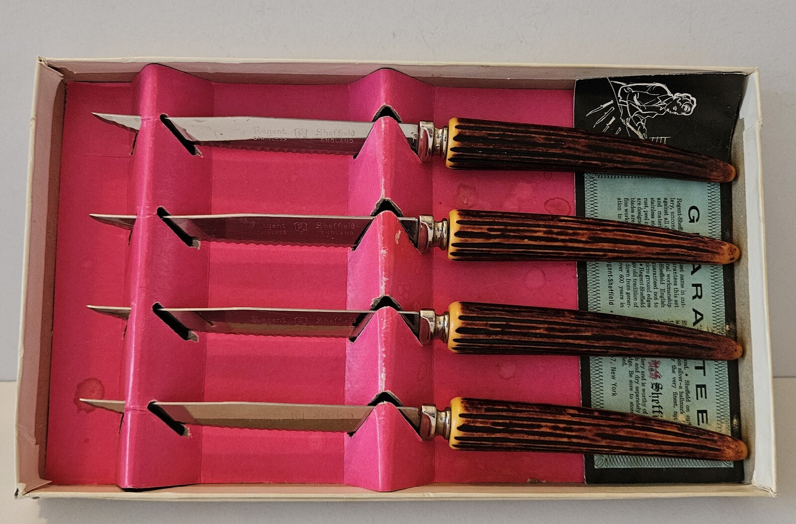 Regent Sheffield Stainless Knife Set England Horn Bone Handle VTG 4 Piece Set.