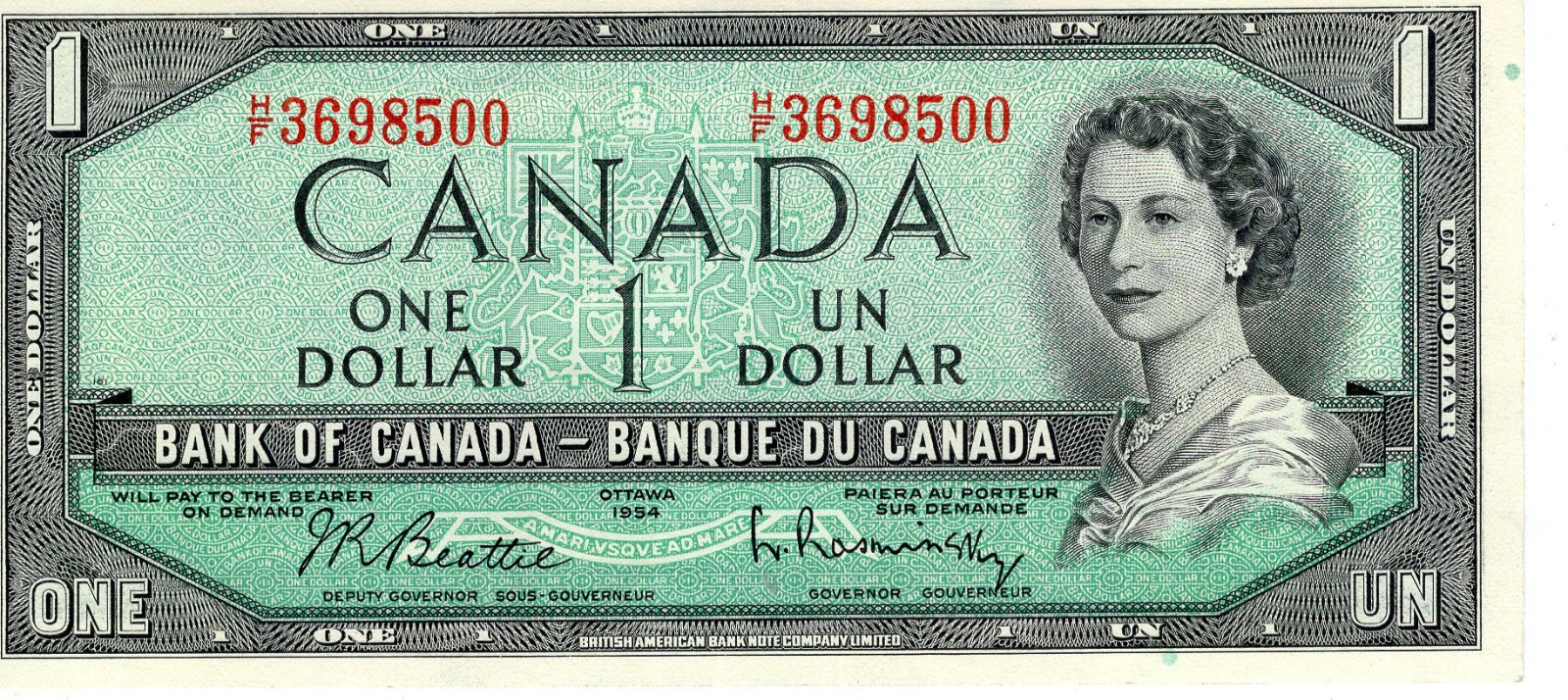 Bank of Canada 1954 $1 One Dollar Beattie-Rasminsky H/F Prefix AU+