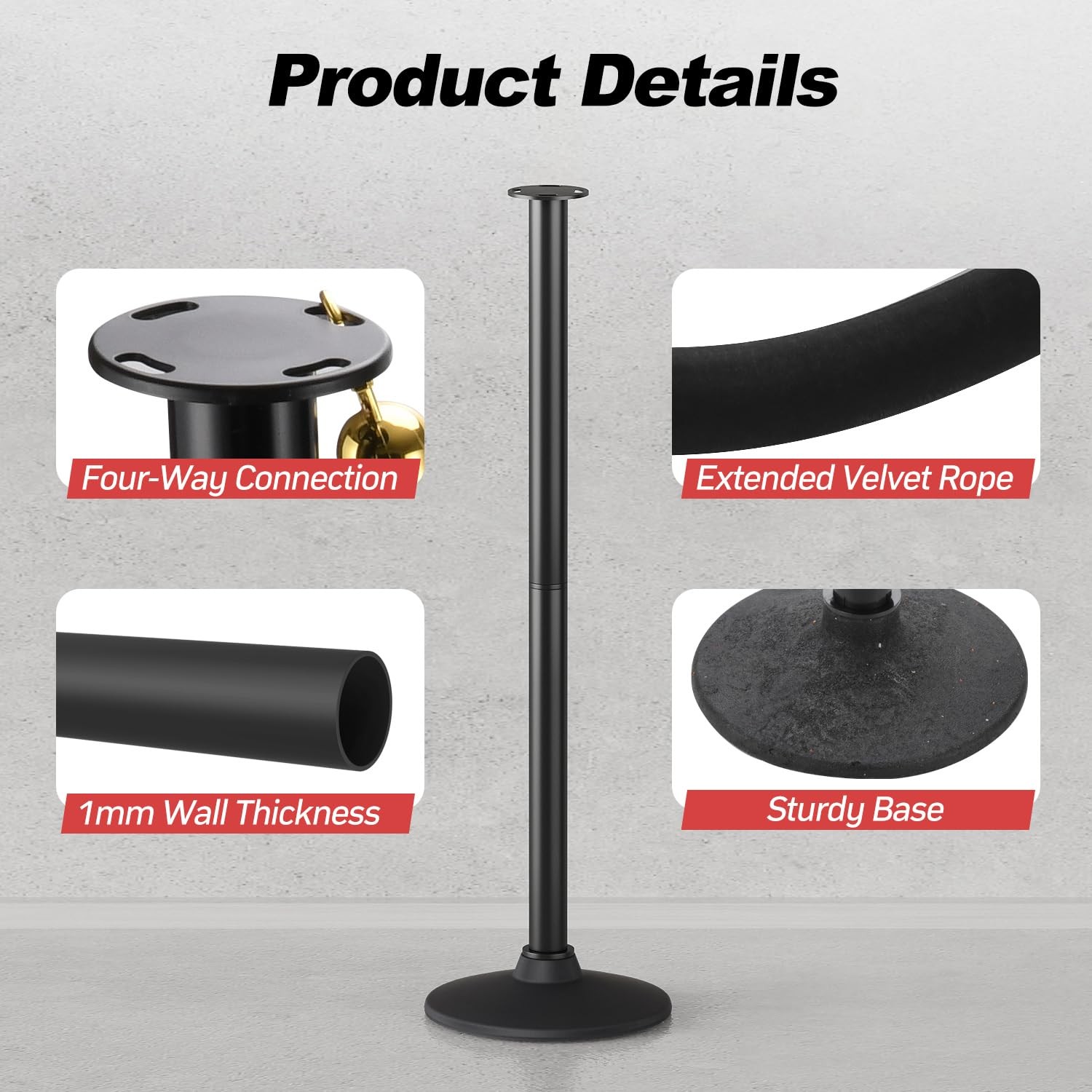 2 PCS Plastic Stanchion Posts Black Velvet Ropes Weighted Base Crowd Control