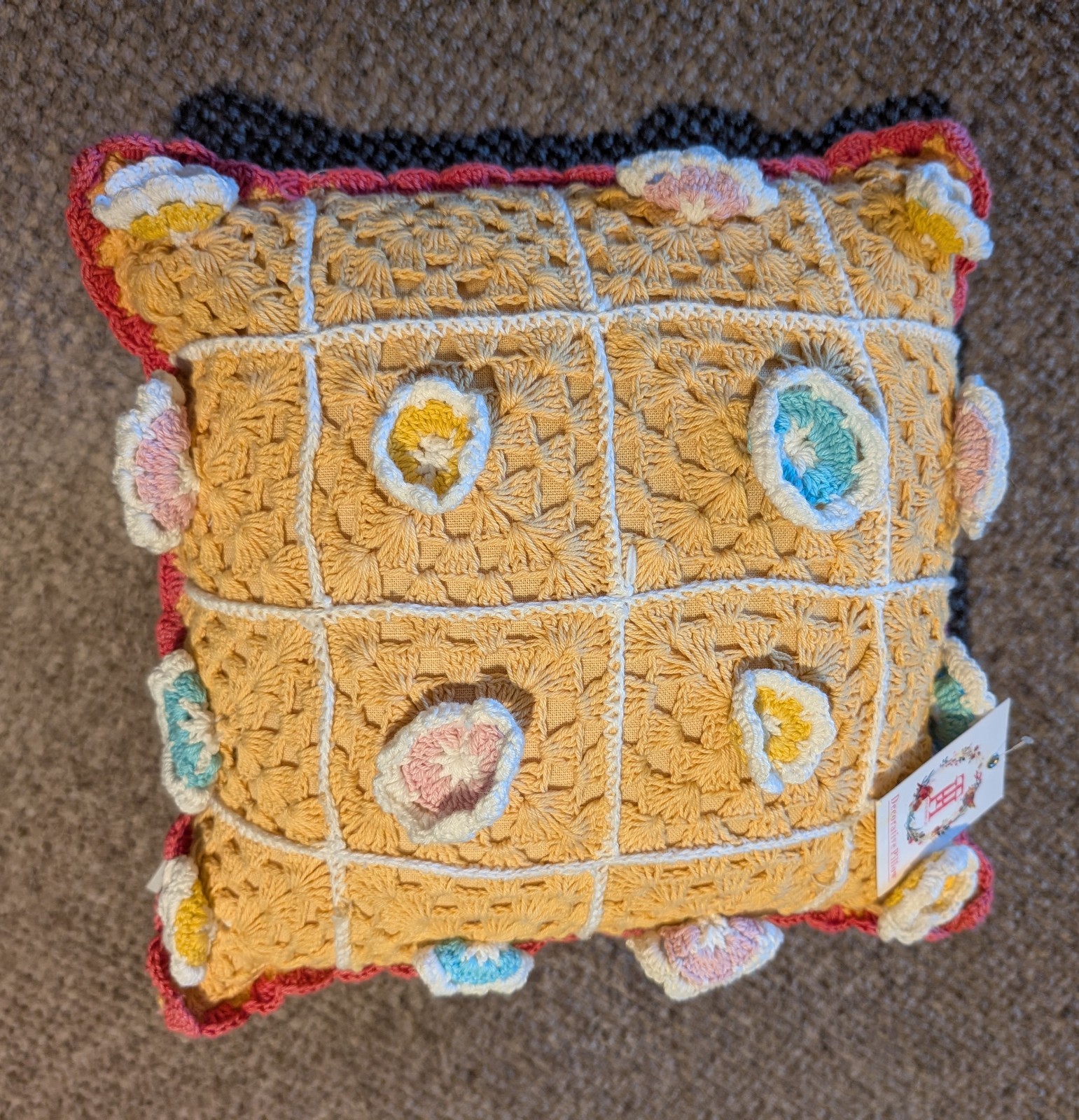 NWT Crochet Flower Pillow, 12"x 12", Made In India