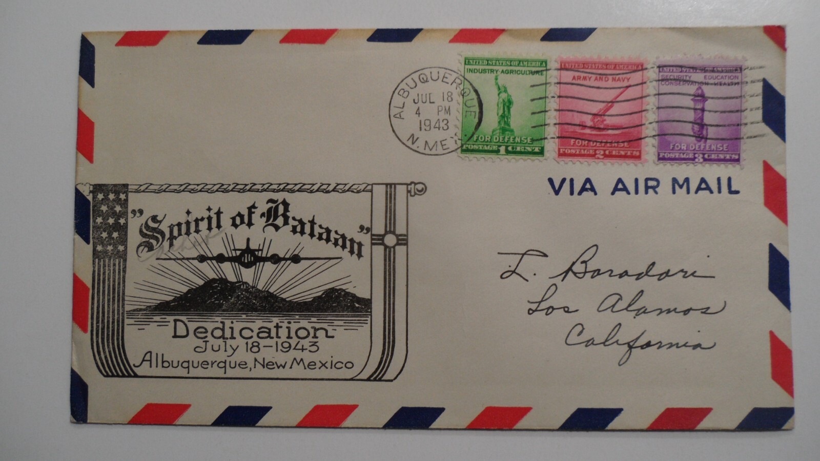 STAMPMART : USA 1943 ALBUQUERQUE NM SPIRIT OF BATAAN DEDICATION COVER TO CALIF