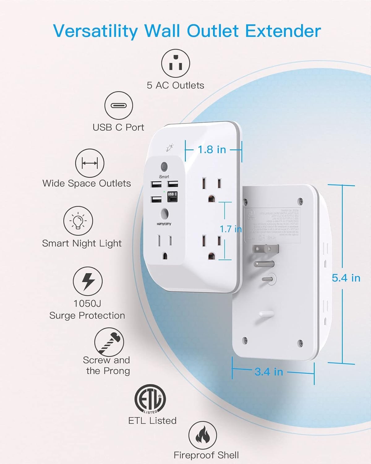 Outlet Extender with Night Light, HANYCONY Multi Plug Outlet, 1 USB C, White