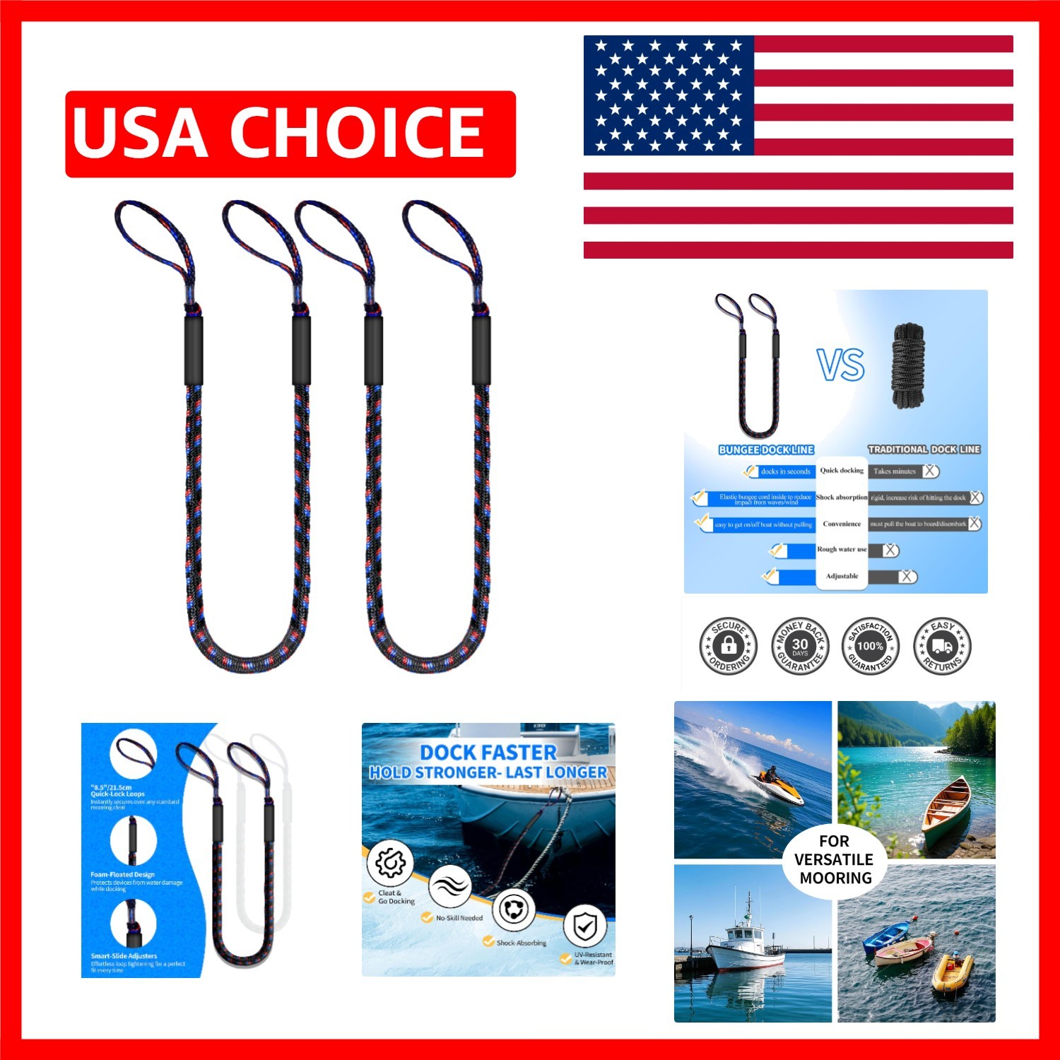 6FT Heavy-Duty Bungee Dock Line for Easy Mooring – Ideal for Pontoons & Yachts