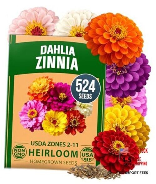 Seeds Pack for 2026 Non GMO 524 Flower Seeds | Vibrant 1-Pack Zinnia Dahlia