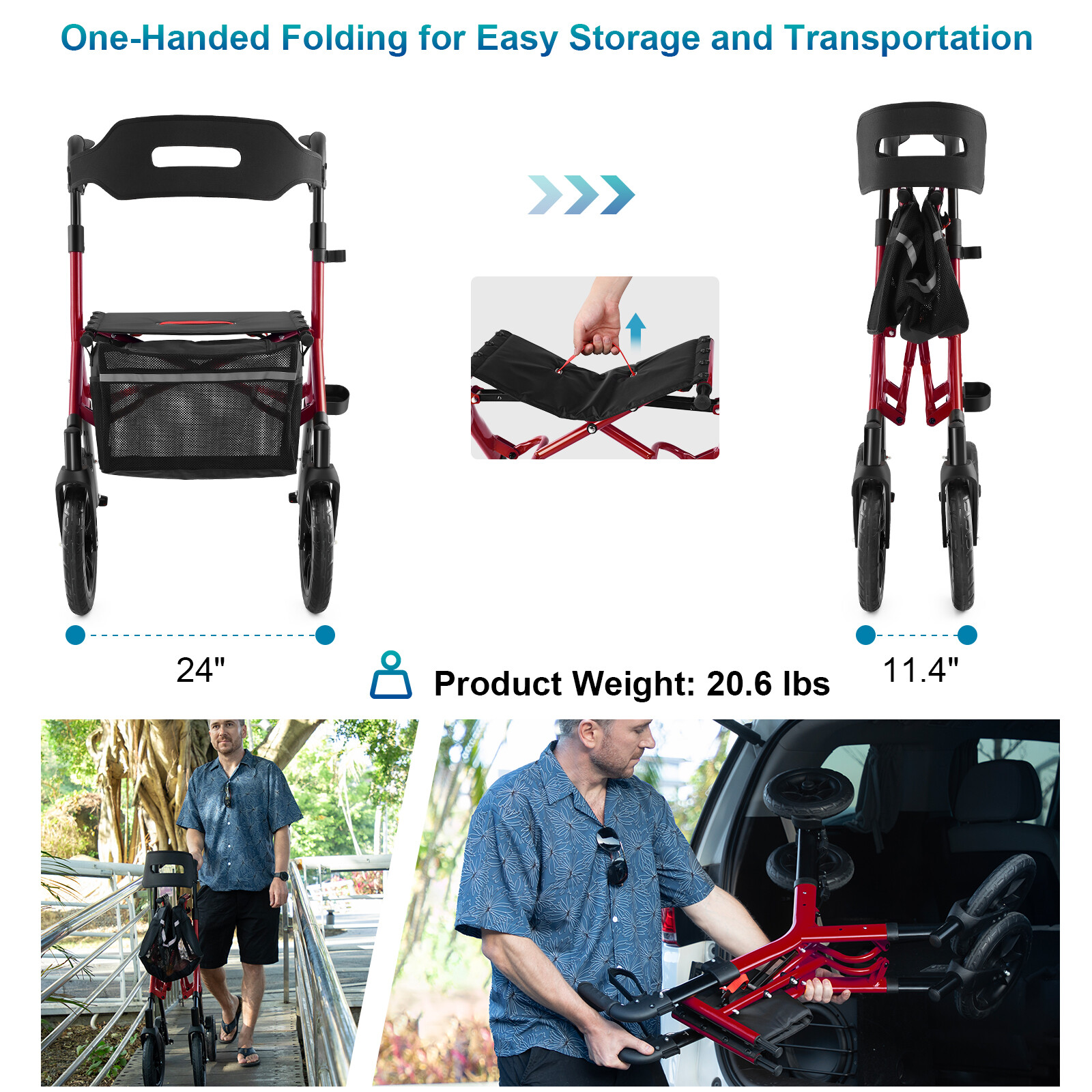 12"+10" Rubber Wheels All-Terrain Rollator Walker w/Seat Folding Adjustable