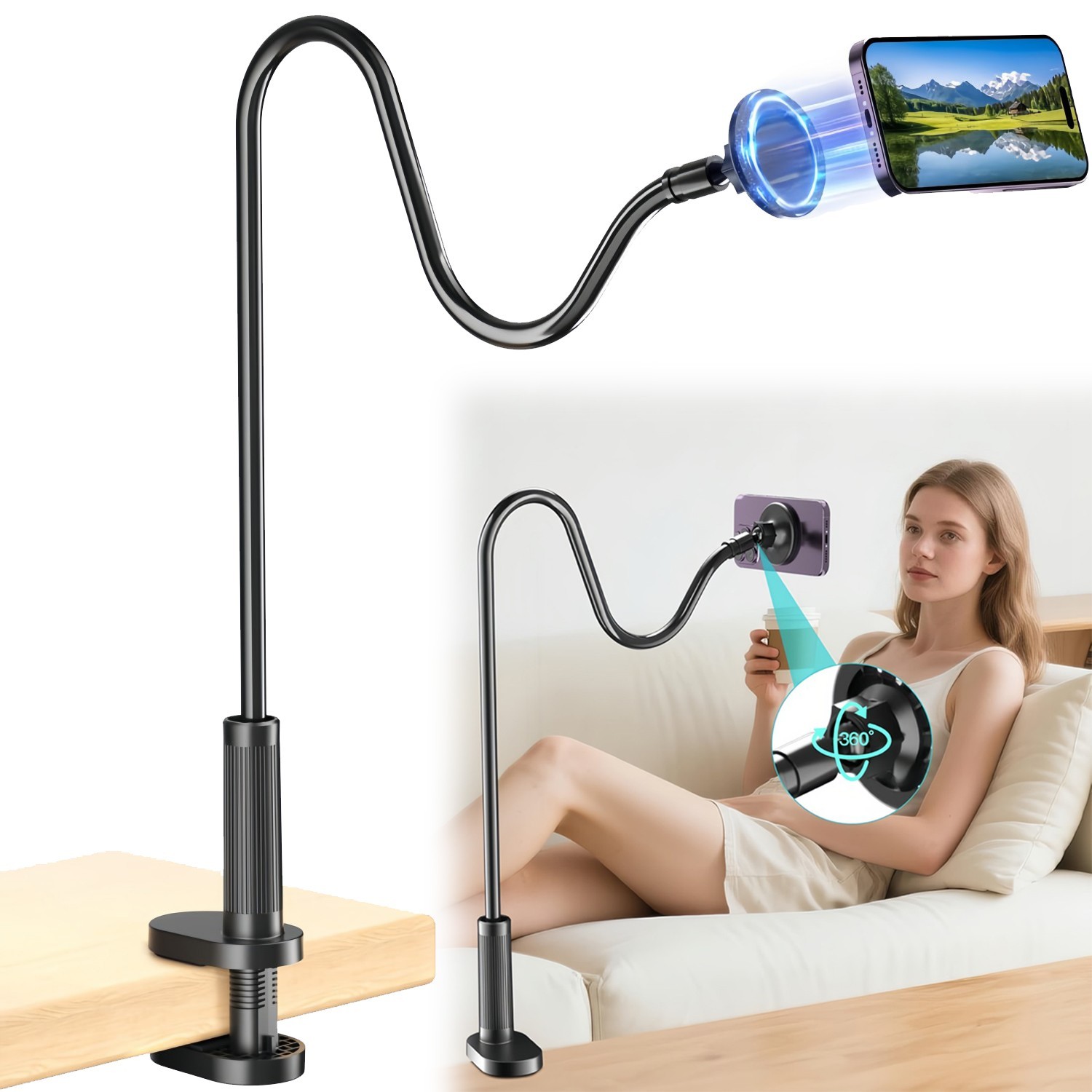 Gooseneck Magnetic Phone Holders Lazy Stand Mounts 360°Rotation for Desk Bedside
