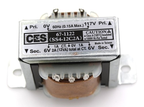117VAC - 12VAC, 2A, CT Transformer, Solder Lug/Push-on Terminals,Rated @ 105ºC