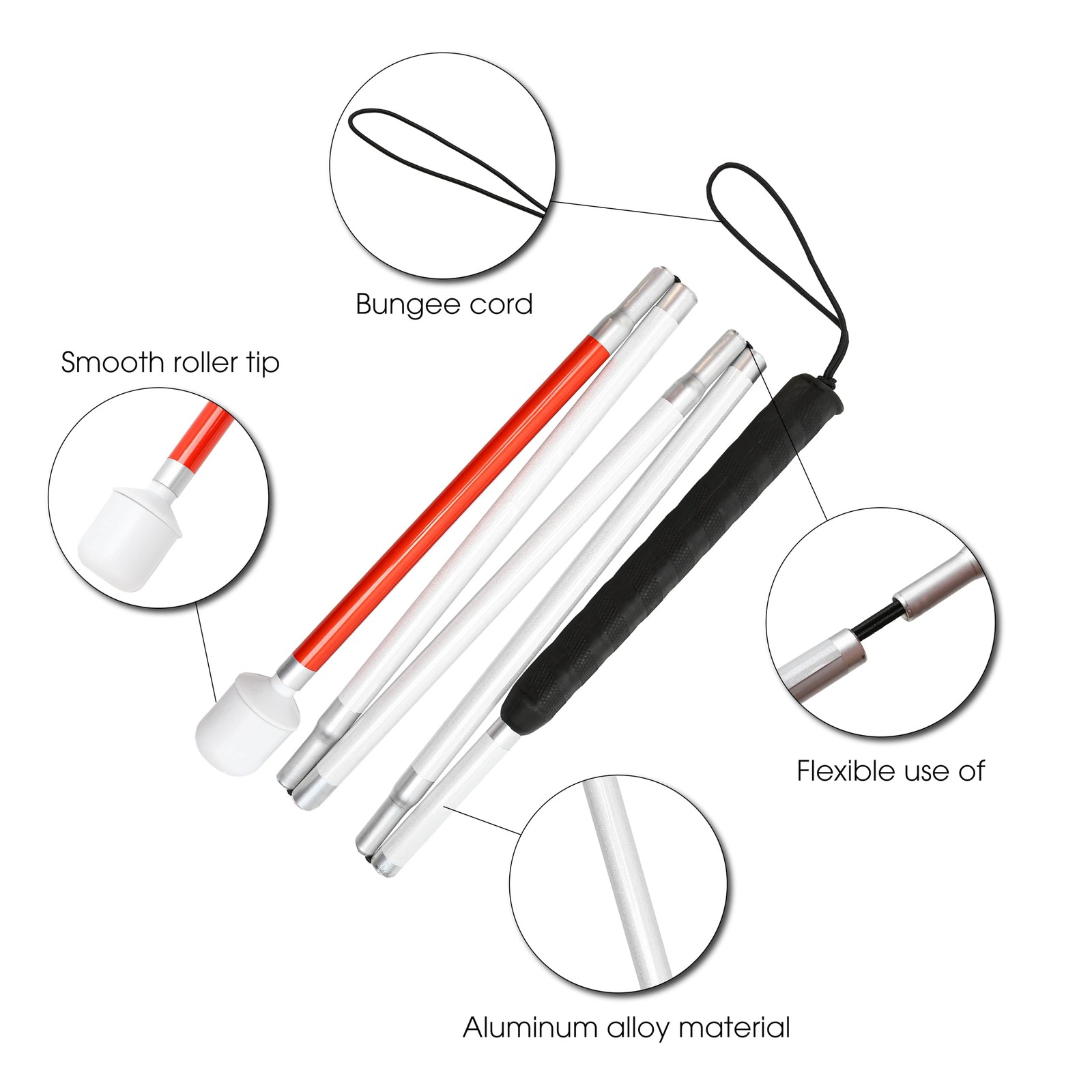 Blind Cane Stick - Mobility Reflective Red-White Foldable Red, White, Black