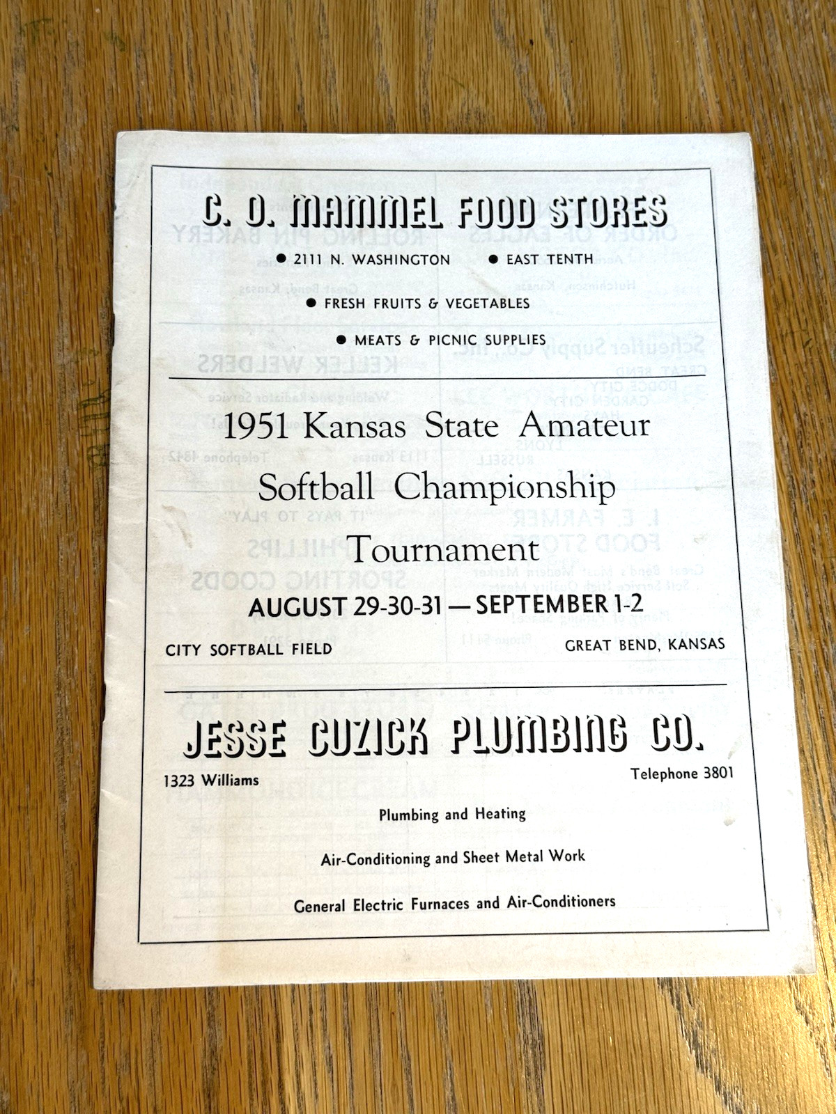 1951 Kansas State Softball Championship Tournament Program, Great Bend Kansas